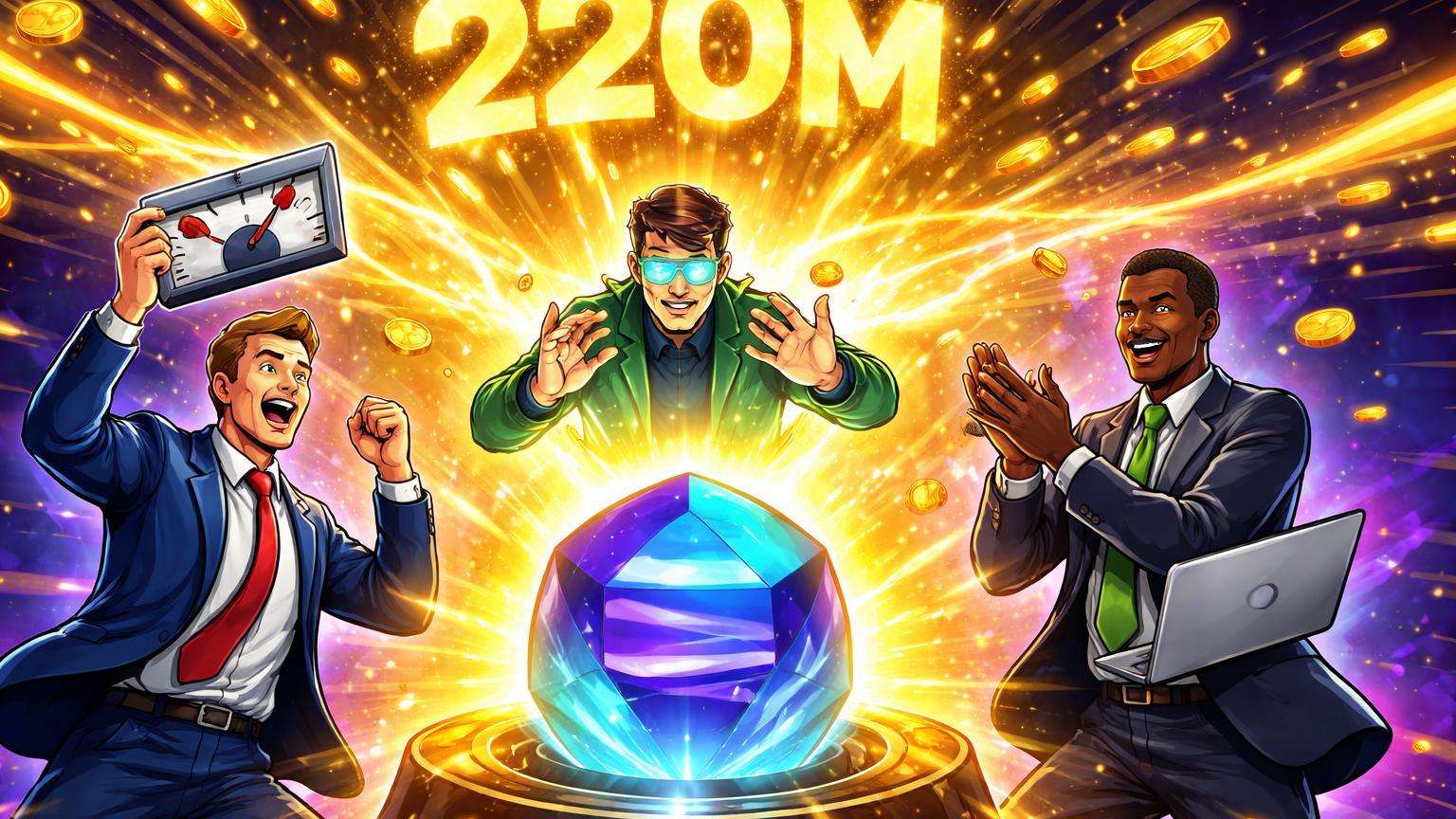 Executivos cartoon celebrando explosão de energia dourada com '220M' de orbe Solana, simbolizando volume recorde de ETF institucional