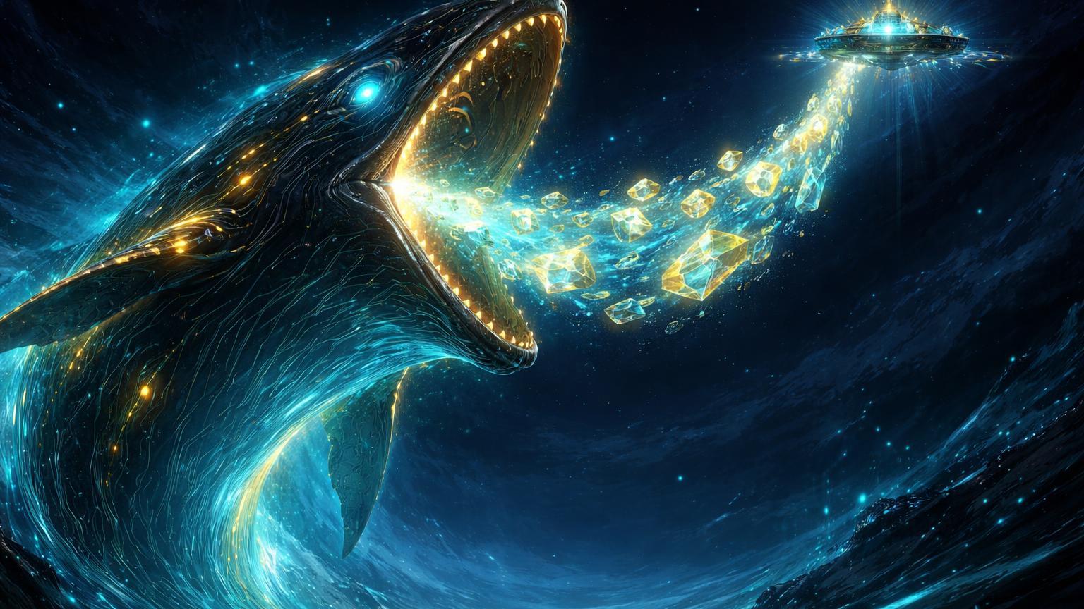 Baleia surreal digital sugando cristais XRP de plataforma exchange flutuante, representando pico de atividade de whales e queda de reservas