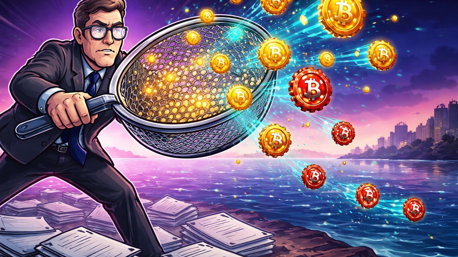 Personagem fiscal cartoon com peneira capturando partículas de cripto evasivas DeFi, ilustrando alerta de impostos na Índia