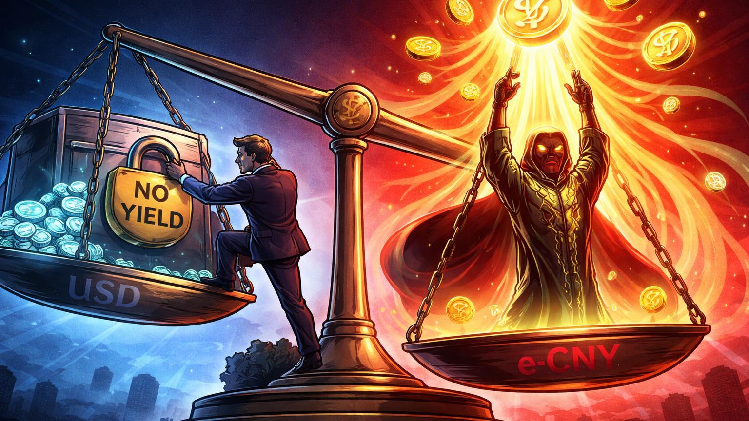 Balança geopolítica cartoon com banqueiro trancando yields de stablecoins no lado USD afundando, China elevando pilar e-CNY