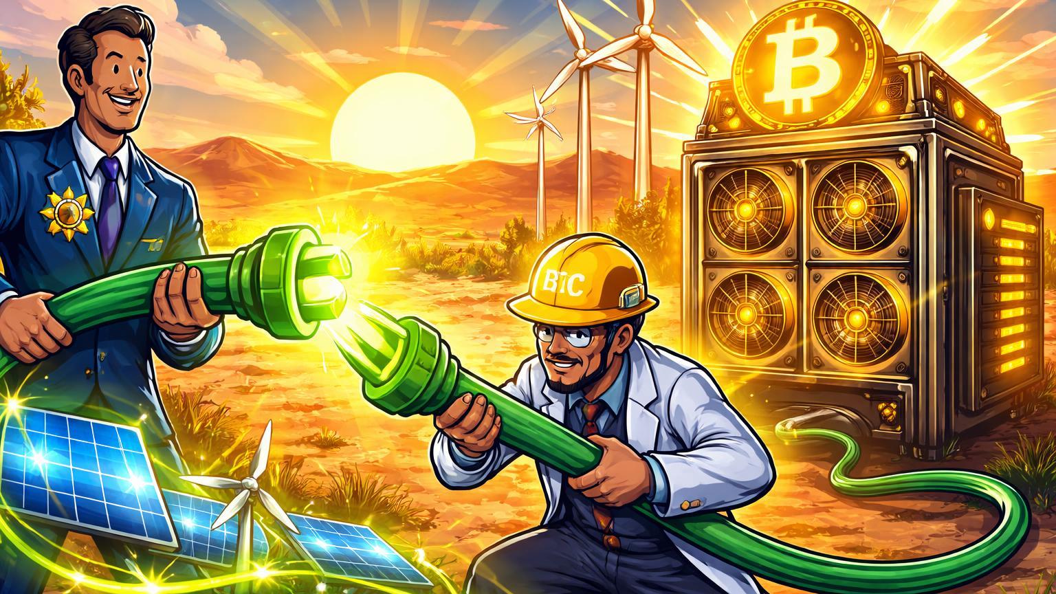 Oficiais cartoon conectando cabo de energia renovável a máquina de mineração Bitcoin, simbolizando iniciativa do governo do Ceará com Etice