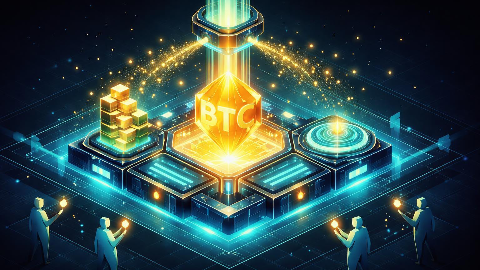 Estrutura isométrica DeFi com nüleo BTC conectado a staking e lending, tubo de energia injetando capital da a16z para yields em holders