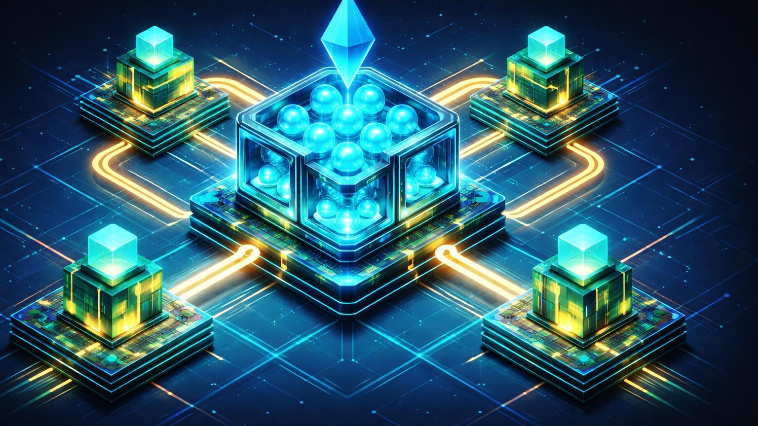 Estrutura isométrica Ethereum com blocos de blobs expandidos conectados a rollups L2, simbolizando otimização de scaling pré-Fusaka