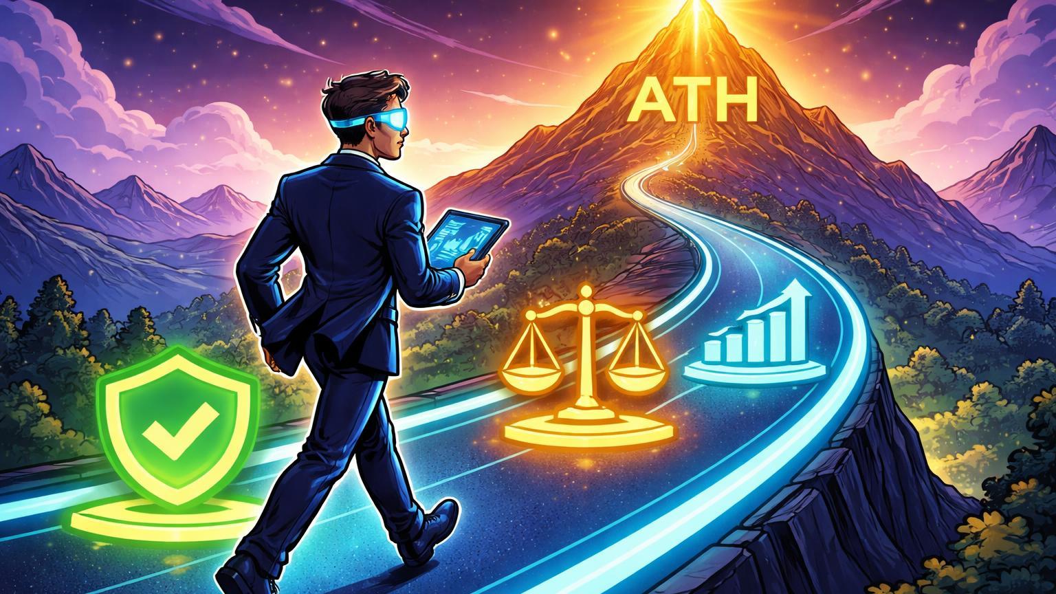 Investidor cartoon avançando por estrada com três checkpoints luminosos rumo a pico ATH dourado, roadmap otimista da Bitwise para rally cripto em 2026