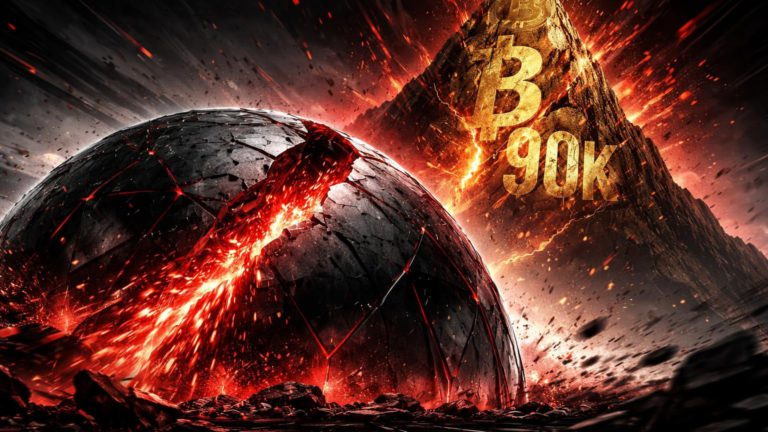 Cúpula de segurança digital fendida expelindo energia vermelha corrosiva sobre monolito BTC rachado com 90K, simbolizando exploit Truebit e queda do mercado