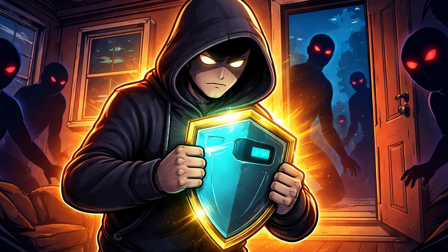 Personagem cartoon investidor defendendo casa com carteira fria contra sombras invasoras, expondo riscos físicos de sequestro cripto na França