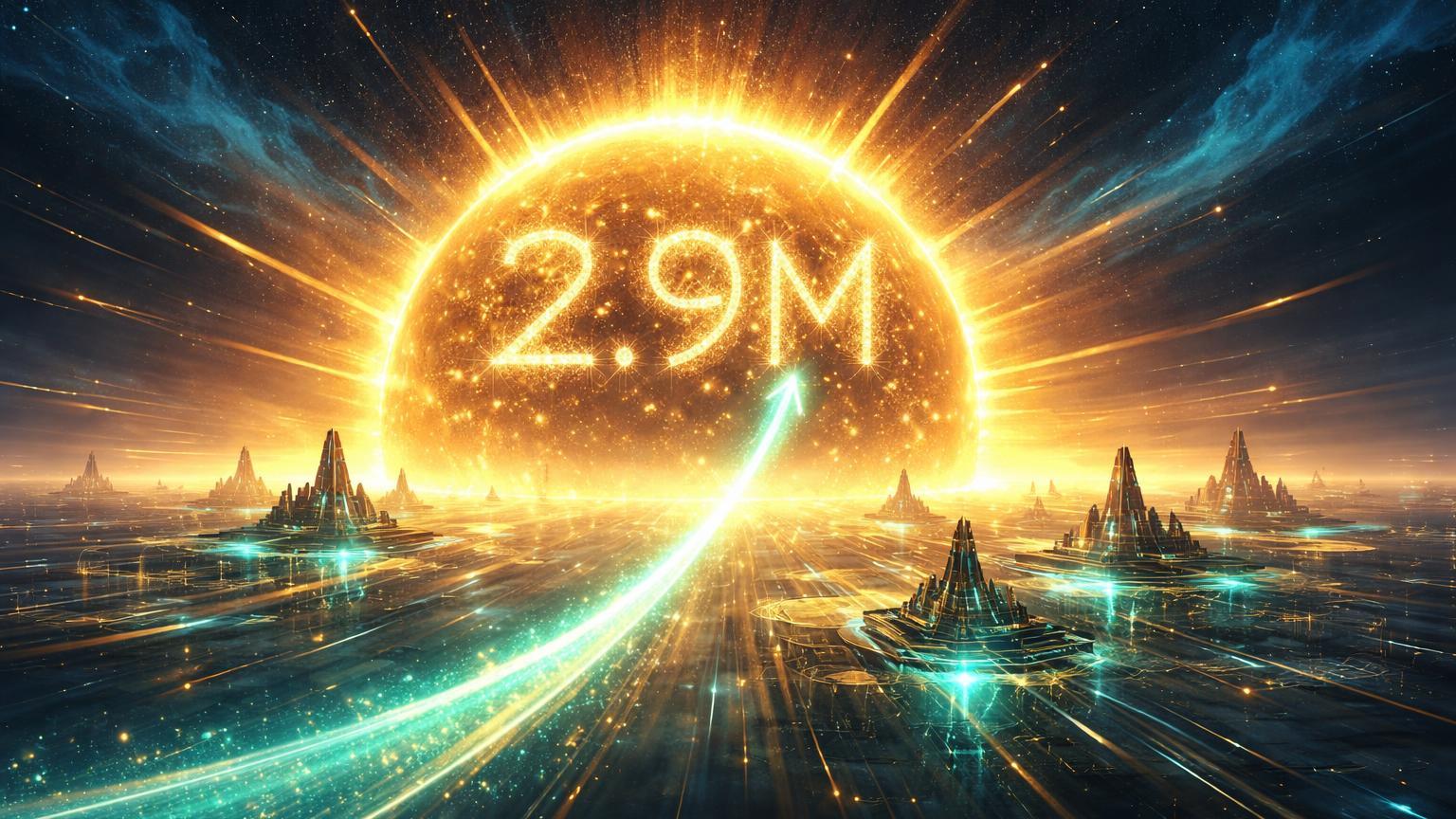 Sol dourado colossal de Bitcoin emergindo como reserva global com 2.9M luminoso, simbolizando previsão de US$ 2,9 milhões em 2050 pela VanEck