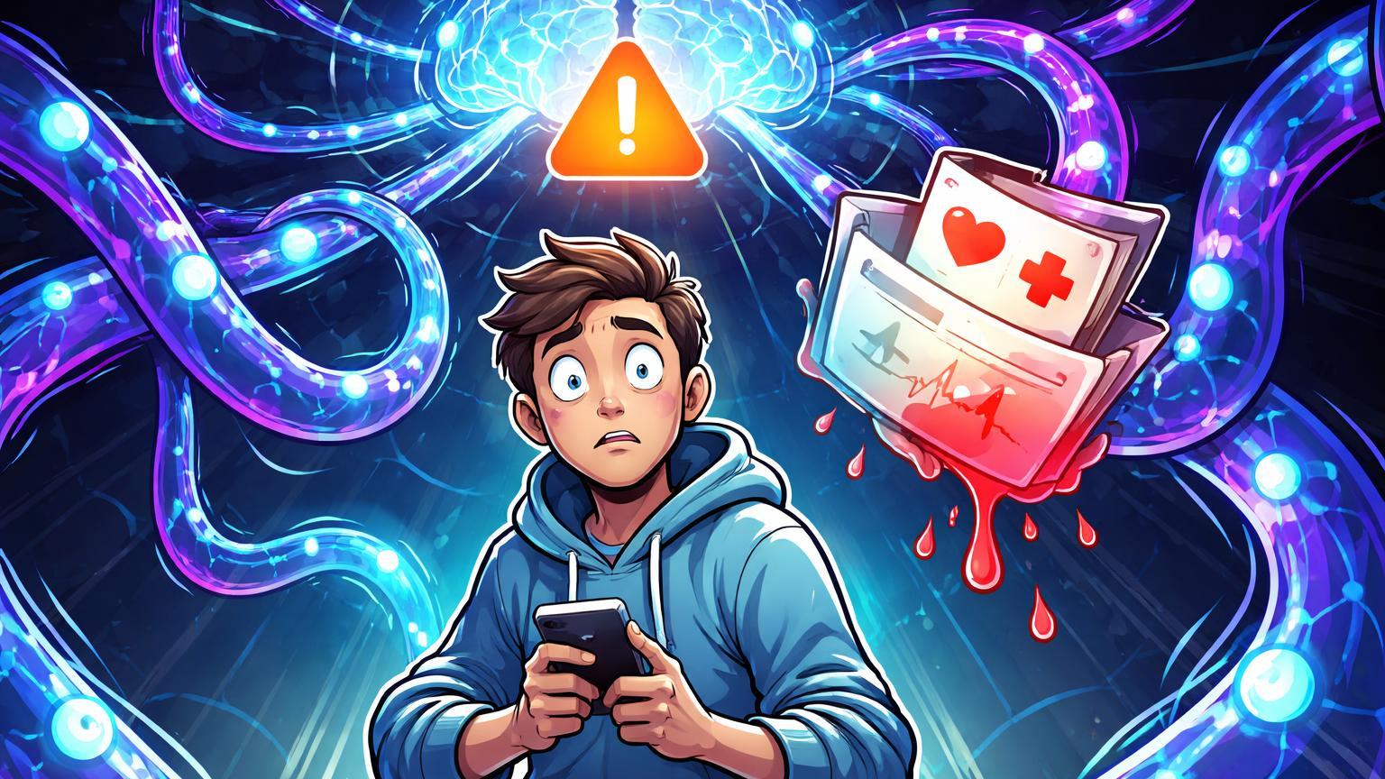 Personagem cartoon vulnerável envolto por tentáculos de rede IA com dados médicos vazando em vermelho, alertando riscos de privacidade e saúde em chatbots