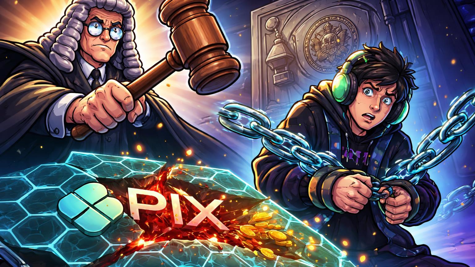 Juiz cartoon batendo martelo sobre DJ hacker algemado a rede Pix rachada, simbolizando prisão mantida no hack de R$ 813 mi ao Banco Central