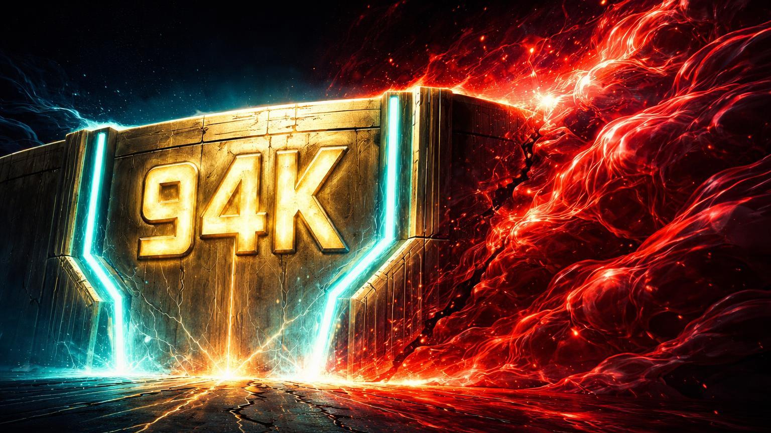 Barragem digital dourada-cyan marcada 94K sob pressao vermelha intensa de liquidez sell-side, simbolizando resistencia critica do Bitcoin