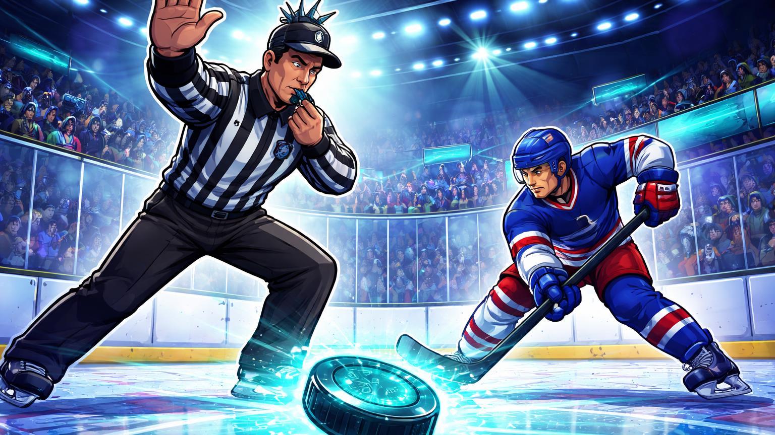 Árbitro regulatório NY parando jogo de hóquei digital com puck DeFi, simbolizando restrições a prediction markets após acordo Rangers-Polymarket