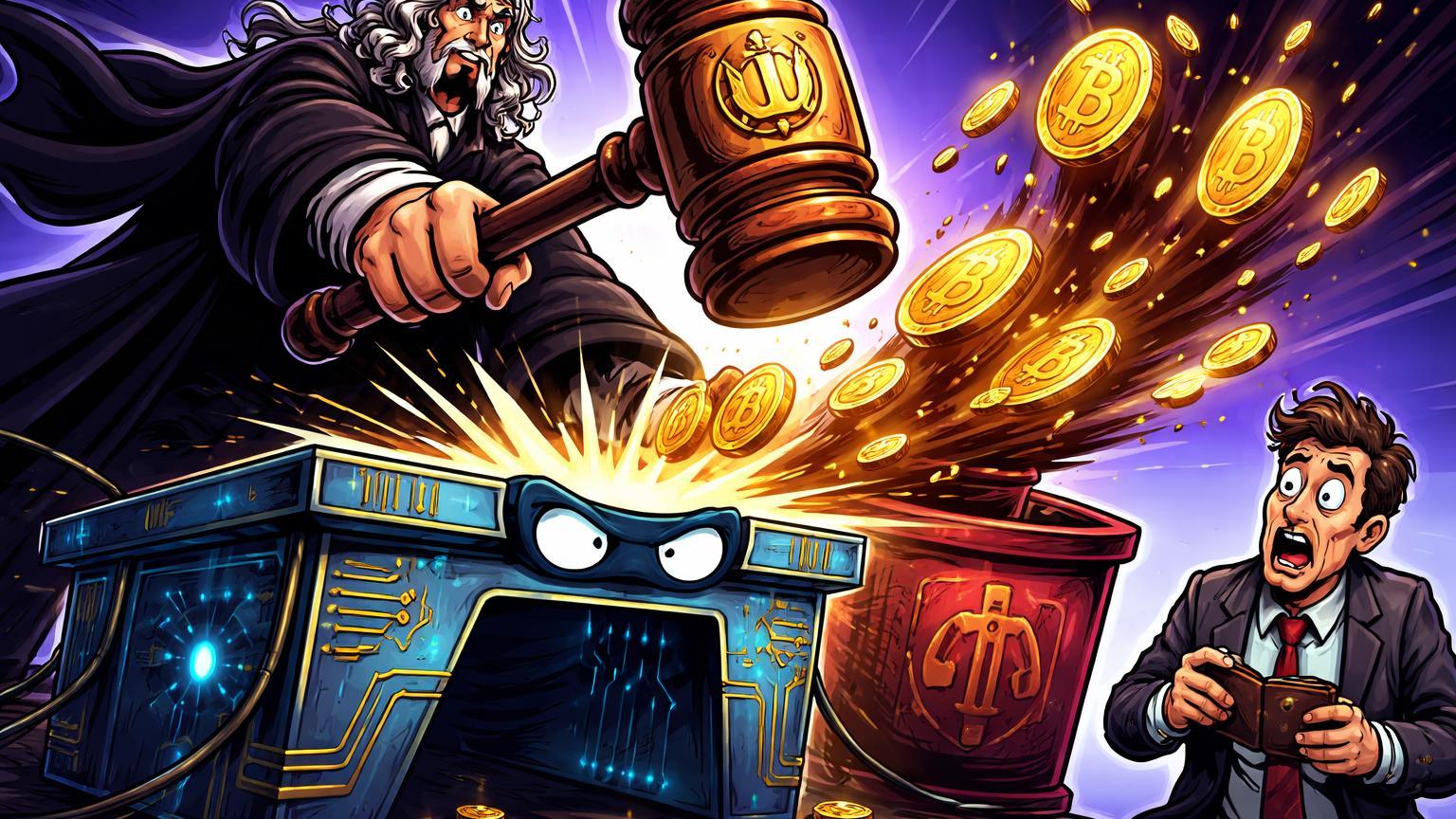 Juiz cartoon batendo martelo em exchange digital, sugando moedas BTC para urna judicial, ilustrando apreensão autorizada pela Suprema Corte da Coreia do Sul