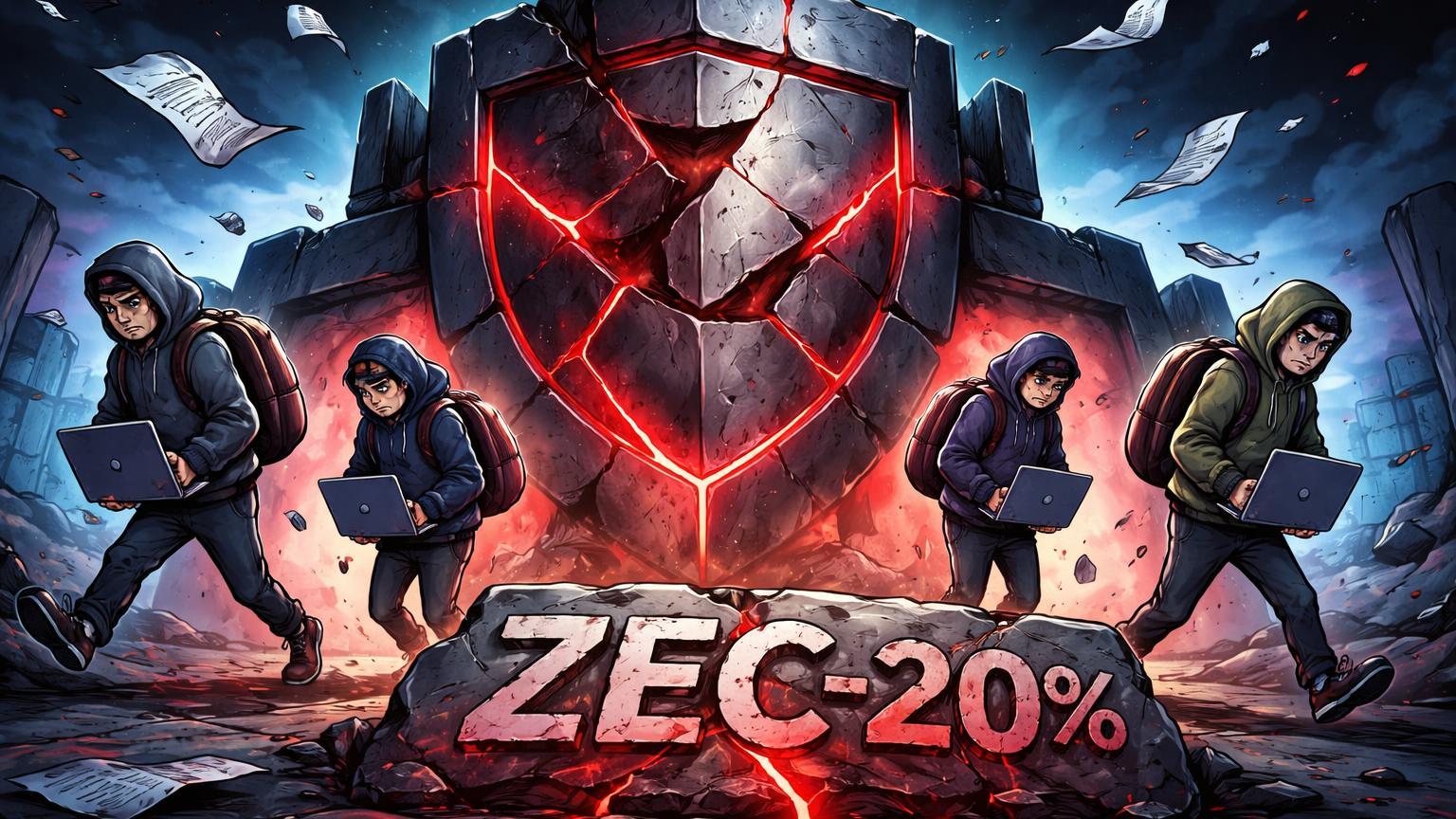 Devs cartoon abandonando cidadela Zcash rachada com placa ZEC -20%, ilustrando crise de governança e queda no preço