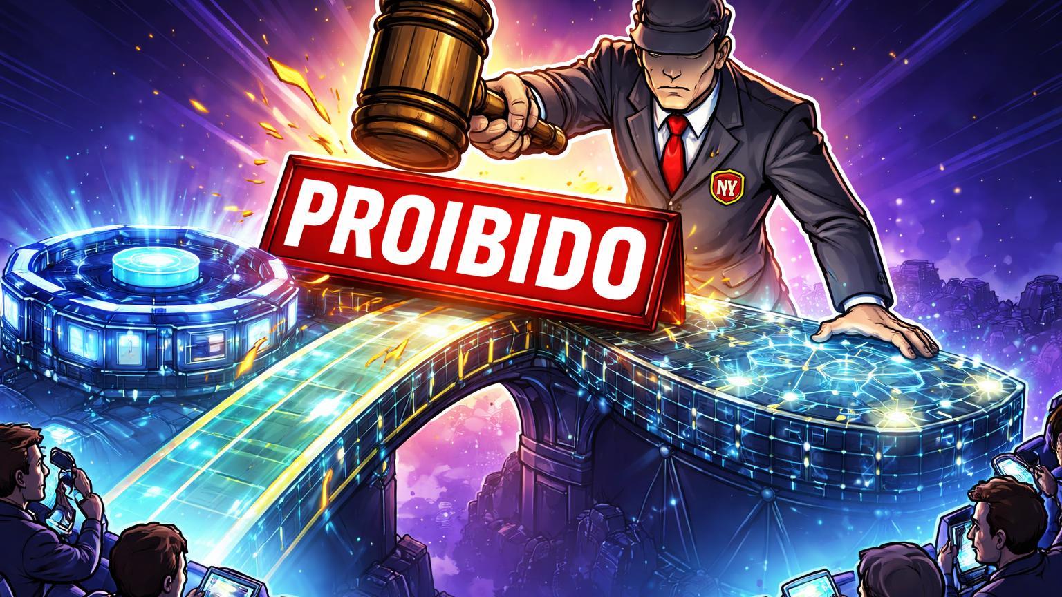 Burocrata NY cartoon martelando placa 'PROIBIDO' em ponte entre estádio Rangers e plataforma DeFi, alertando restrições regulatórias em prediction markets
