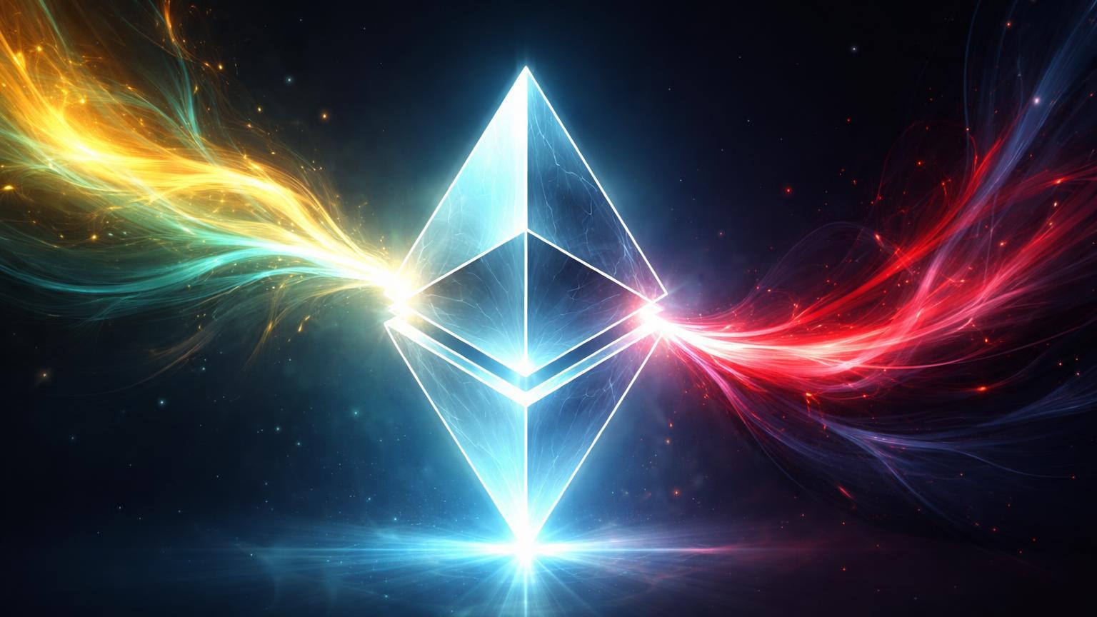 Cristal Ethereum translúcido tensionado por fluxos bullish dourado-cyan e bearish vermelho-azul, simbolizando sinais mistos na análise técnica