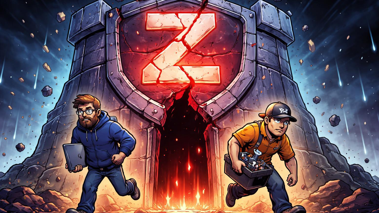 Devs cartoon abandonando fortaleza digital Zcash rachada com luz vermelha, simbolizando renúncia da ECC e queda de 20% no ZEC