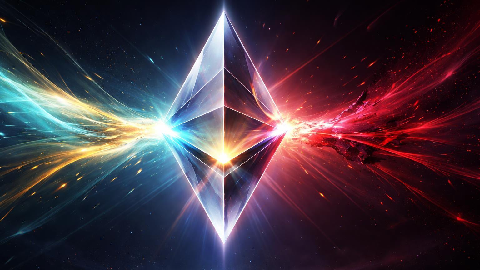 Prisma Ethereum translúcido sob tensão de forças cyan-dourada bullish e vermelha bearish, representando sinais mistos de MA21 e demanda EUA