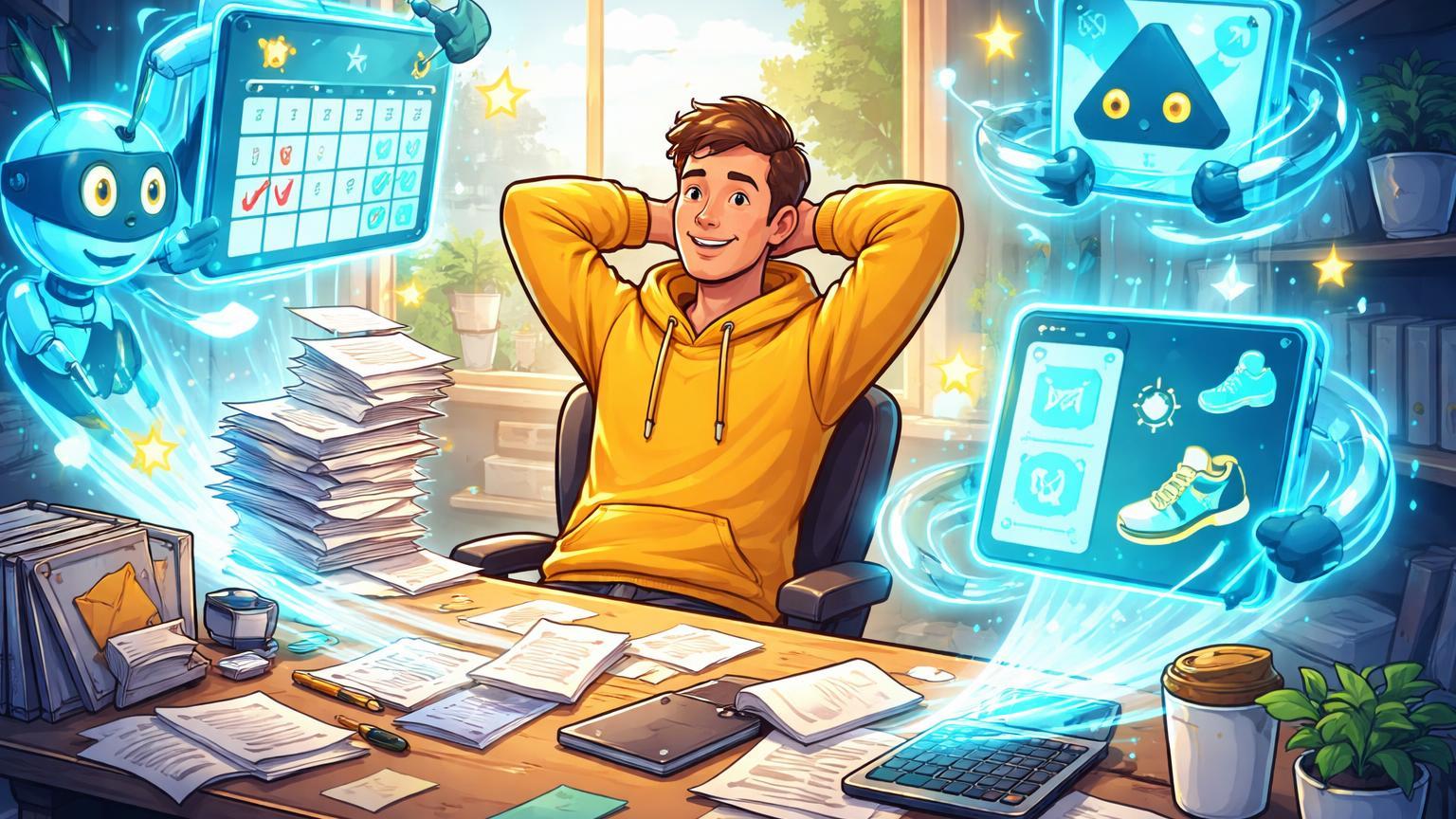 Pessoa cartoon com assistentes IA holográficos otimizando tarefas diárias, simbolizando benefícios de produtividade e qualidade de vida