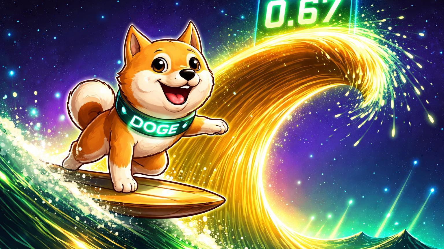 Personagem Doge cartoon surfando curva parabólica dourada rumo a 0.67, simbolizando rally projetado para Dogecoin em análise técnica
