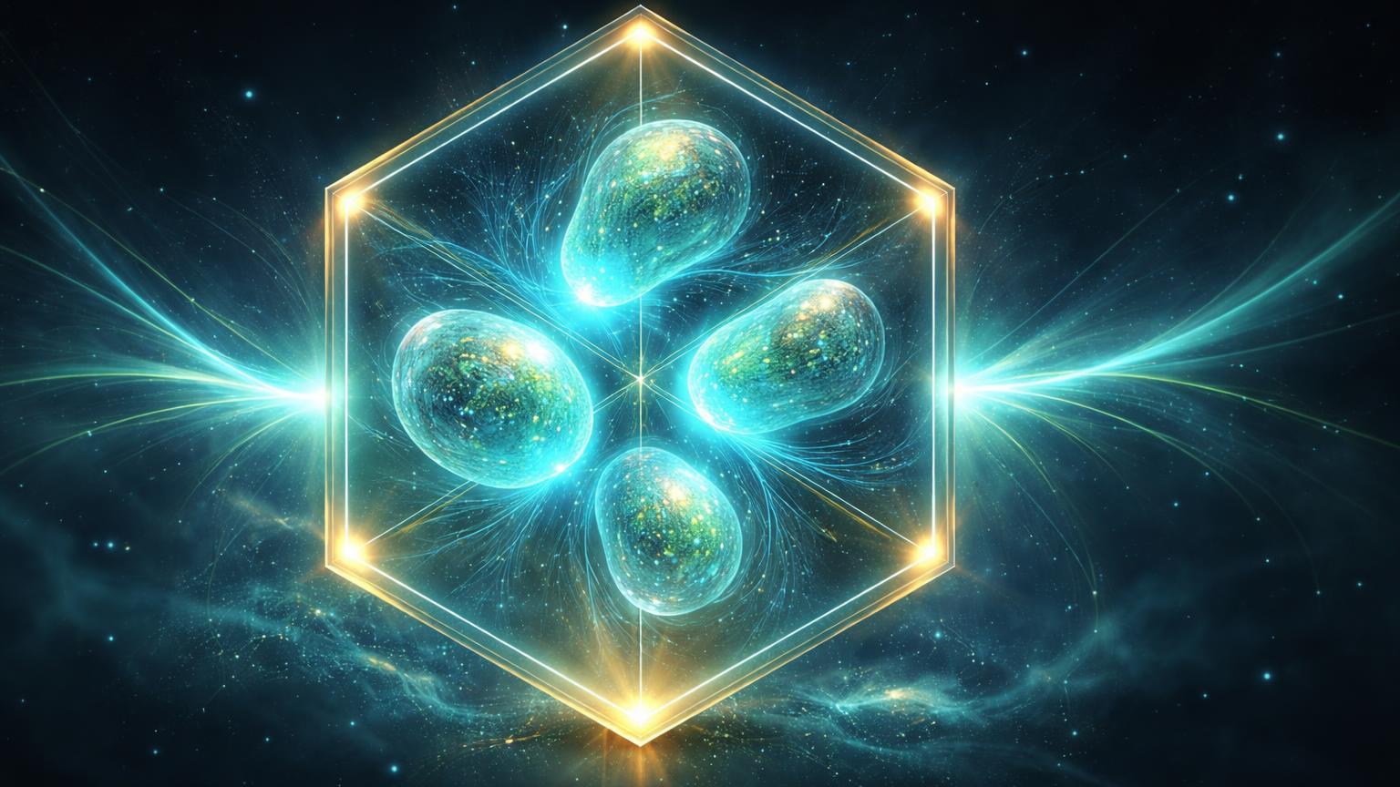 Estrutura hexagonal translucida expandindo blobs de dados com fluxos cyan estaveis, simbolizando upgrade Fusaka para escalabilidade Ethereum em DeFi