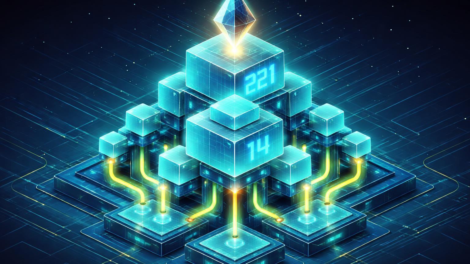 Estrutura isométrica Ethereum com blobs cyan expandidos conectando Layer 2 via fluxos verdes, simbolizando upgrade Fusaka e redução de fees em DeFi