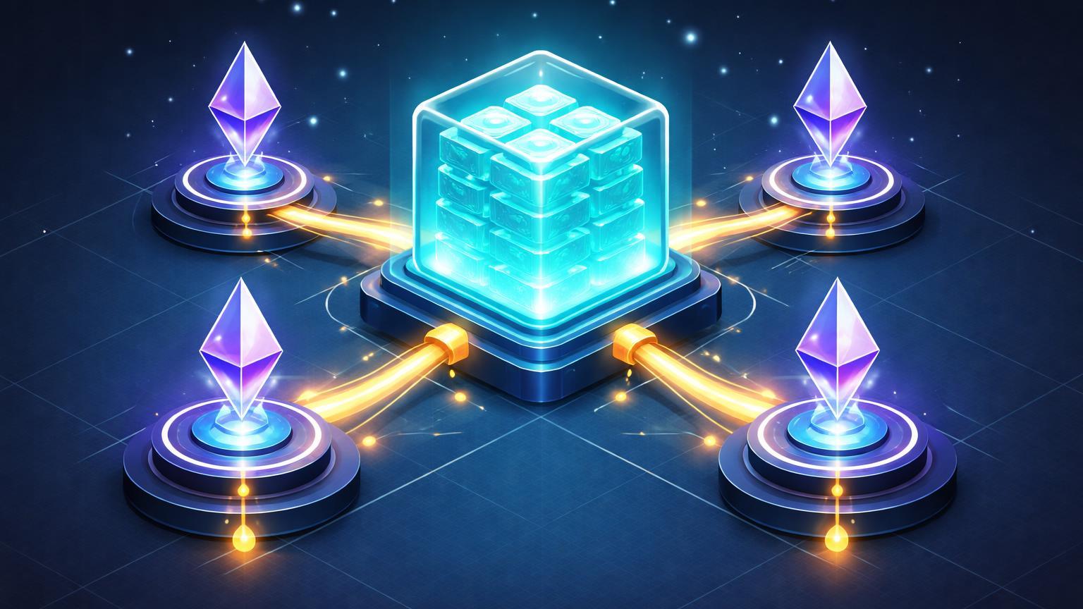 Ecossistema isométrico DeFi com reservatório de stablecoins conectado a nós de staking gerando yields dourados, simbolizando crédito cripto estável como poupança