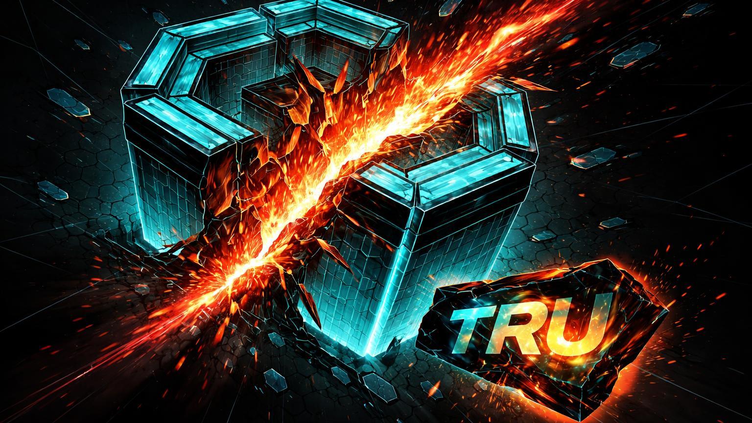 Fortaleza DeFi hexagonal rachada liberando fluxo dourado e vermelho com fragmento TRU caindo, simbolizando hack de US$26M no Truebit