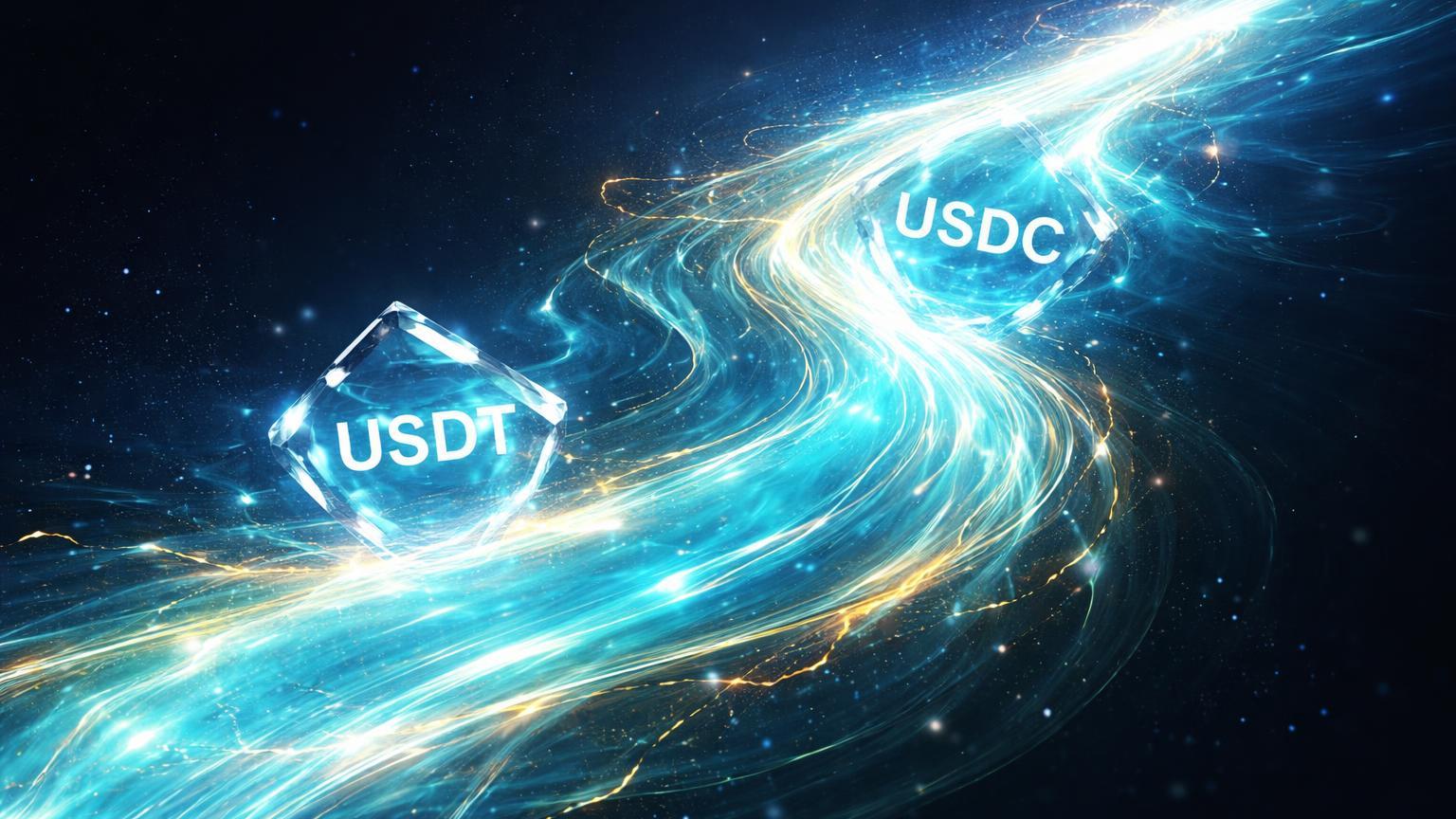 Fluxo glassmorphism translúcido ciano-dourado expandindo com cristais USDT e USDC, simbolizando US$ 56 trilhões em stablecoins até 2030