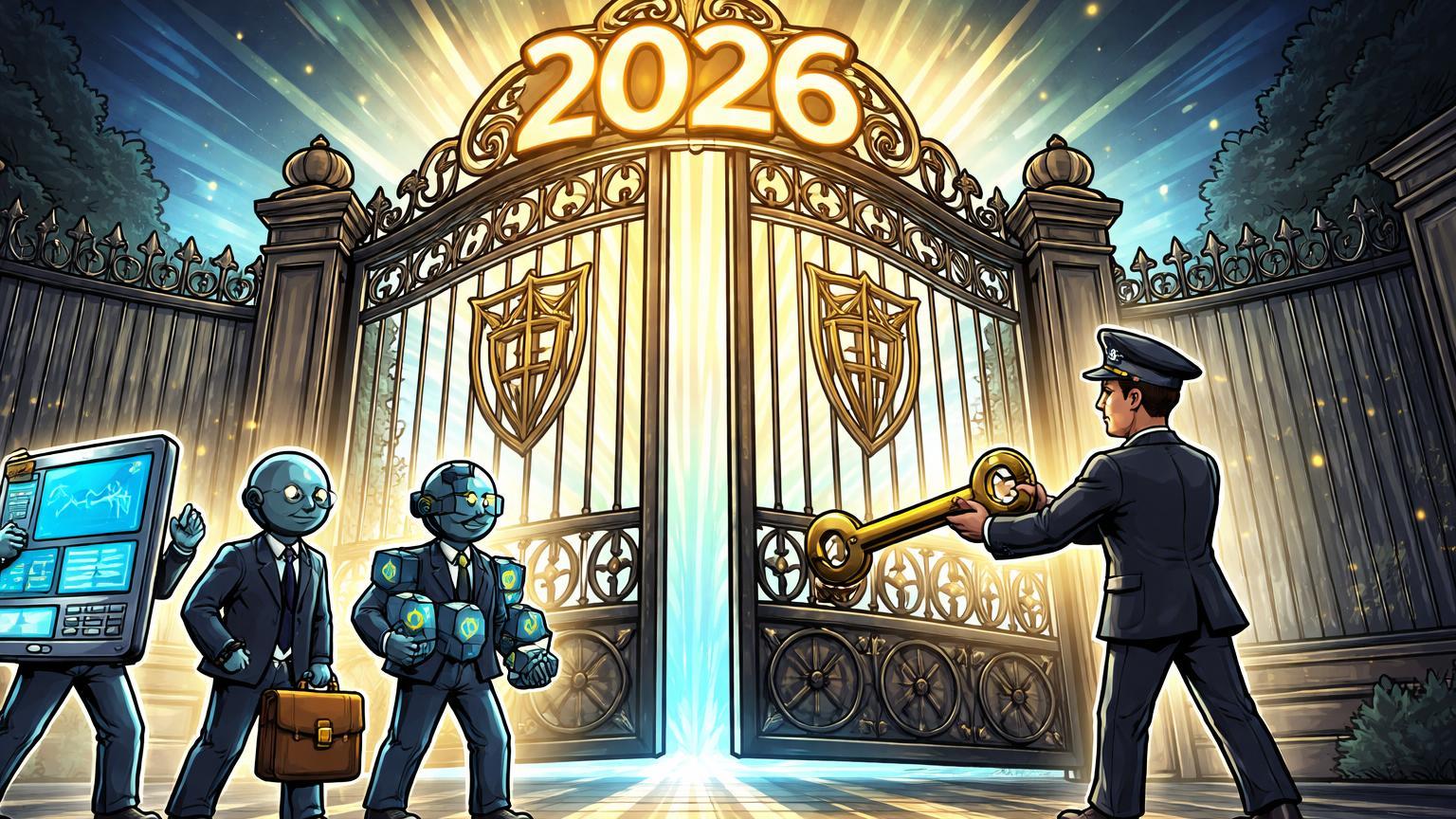 Personagens cartoon de exchanges em fila diante de portões FCA se abrindo com 2026, simbolizando licenças cripto no UK em setembro