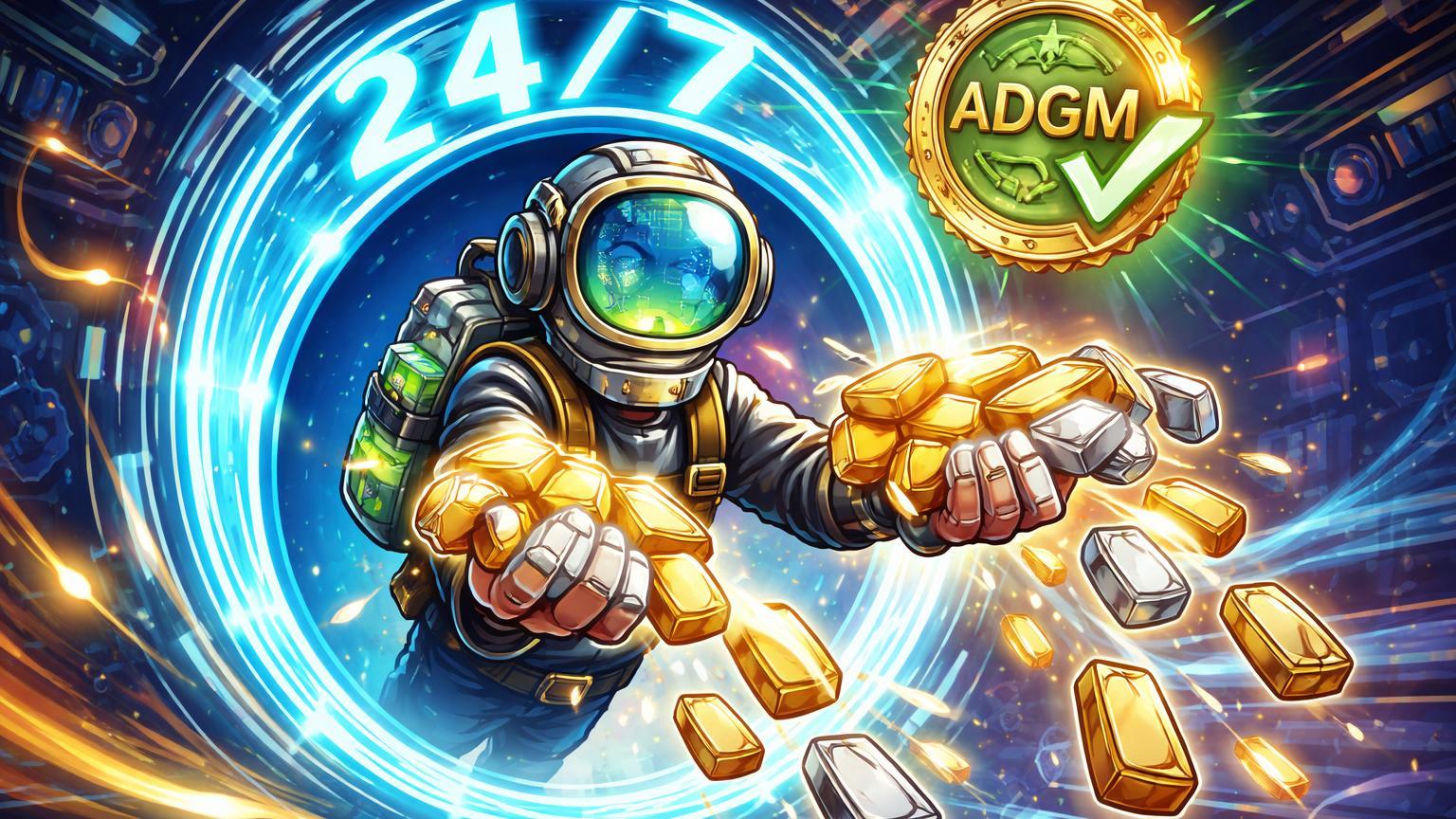 Trader cartoon emergindo de portal 24/7 com lingotes ouro e prata, selo ADGM aprovando, simbolizando lançamento revolucionário de futuros Binance