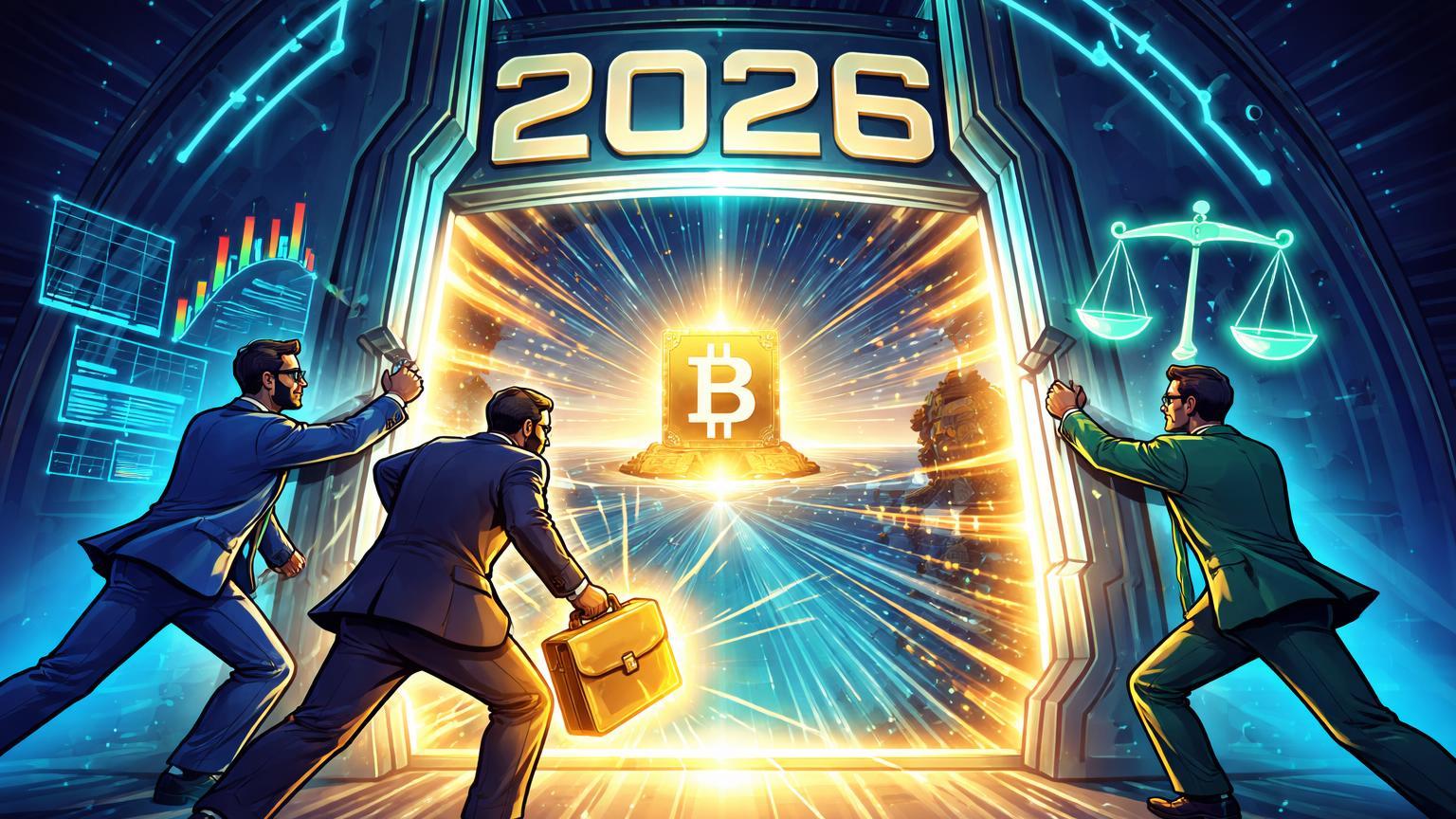 Personagens cartoon de macroeconomia, institucionais e regulação abrindo portal '2026' com Bitcoin no horizonte, visão da Bybit para mercado cripto