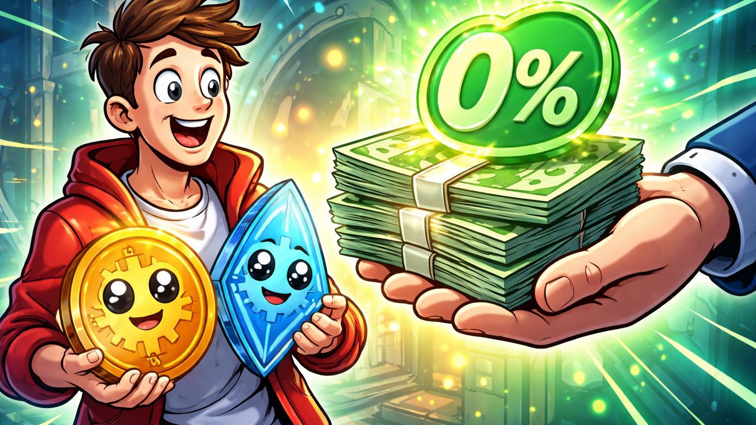 Holder cartoon recebendo pilha de cash com selo 0% de juros enquanto segura BTC e ETH intactas, ilustrando lançamento de empréstimos da Nexo