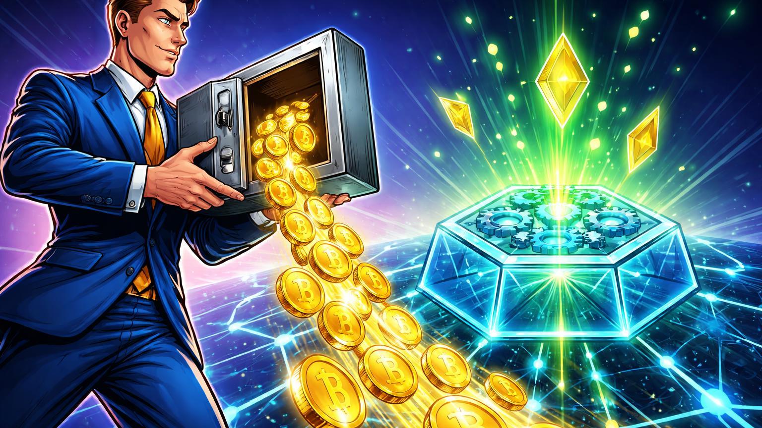 Executivo cartoon despejando ETH dourado em rede DeFi cyan pulsante com yields verdes, simbolizando adoção bullish por firmas públicas como SharpLink