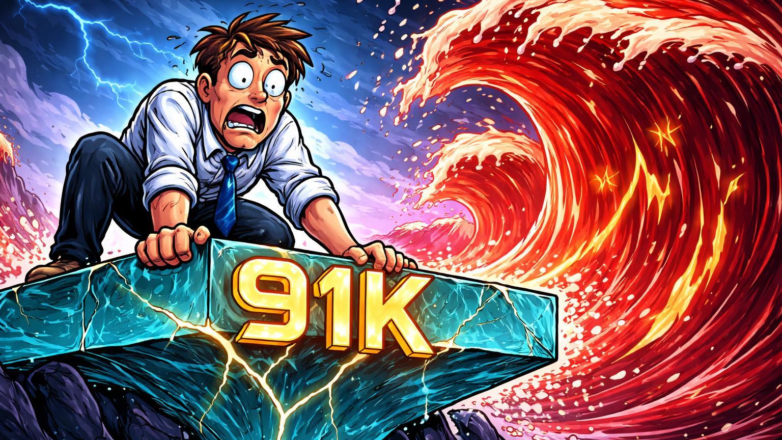 Trader cartoon tenso defendendo plataforma de suporte '91K' contra ondas vermelhas de tarifas, simbolizando risco Bitcoin por decisão Trump