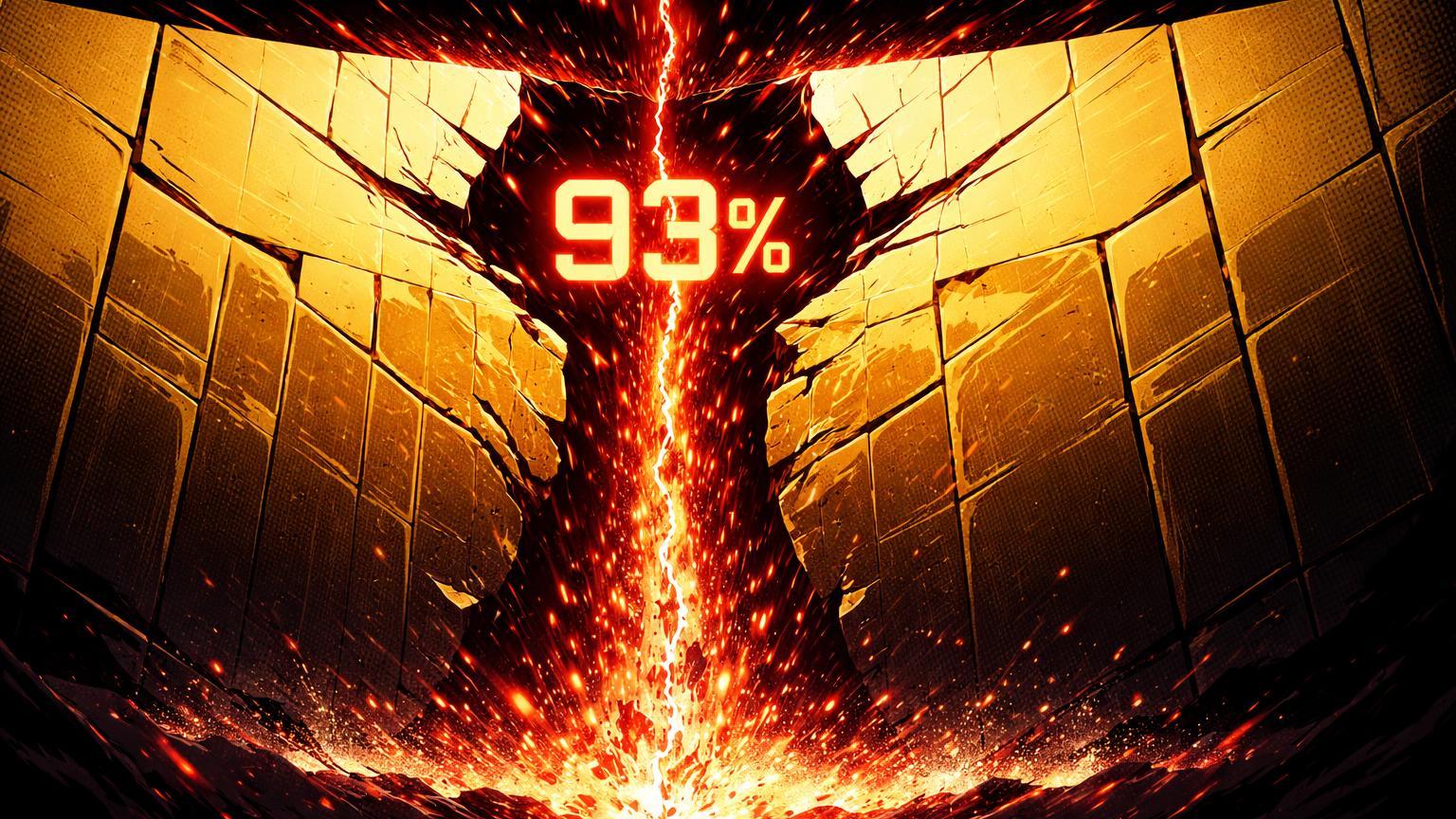 Barragem dourada digital rompendo com '93%' na rachadura e torrente vermelha de tokens, simbolizando queda de 93% do PI Network por unlock