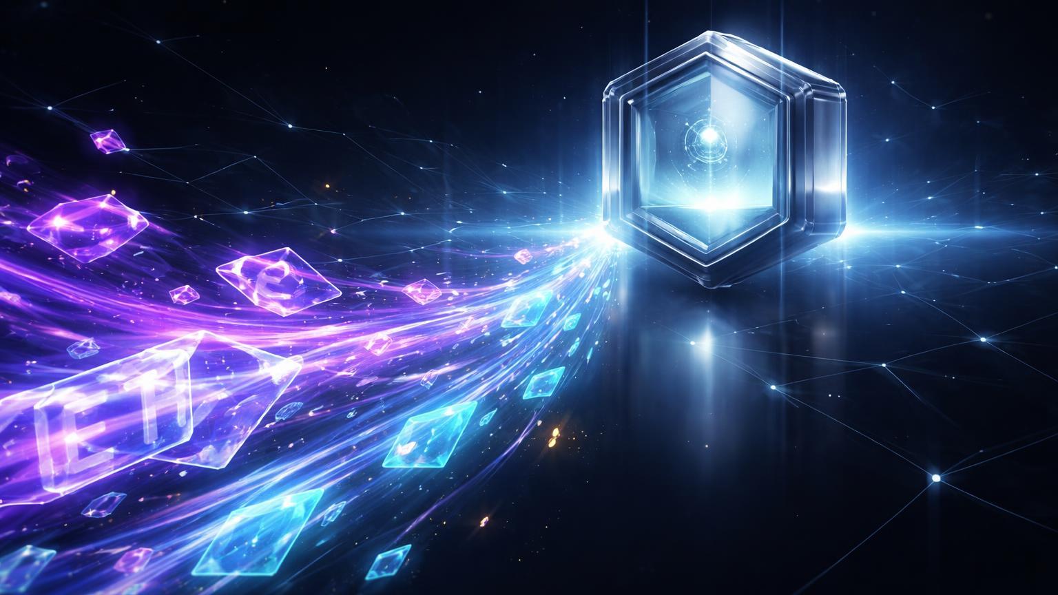 Fluxo de cristais roxos e cyan ETH convergindo para cofre glass hexagonal, simbolizando transferência massiva de whales para custódia Copper