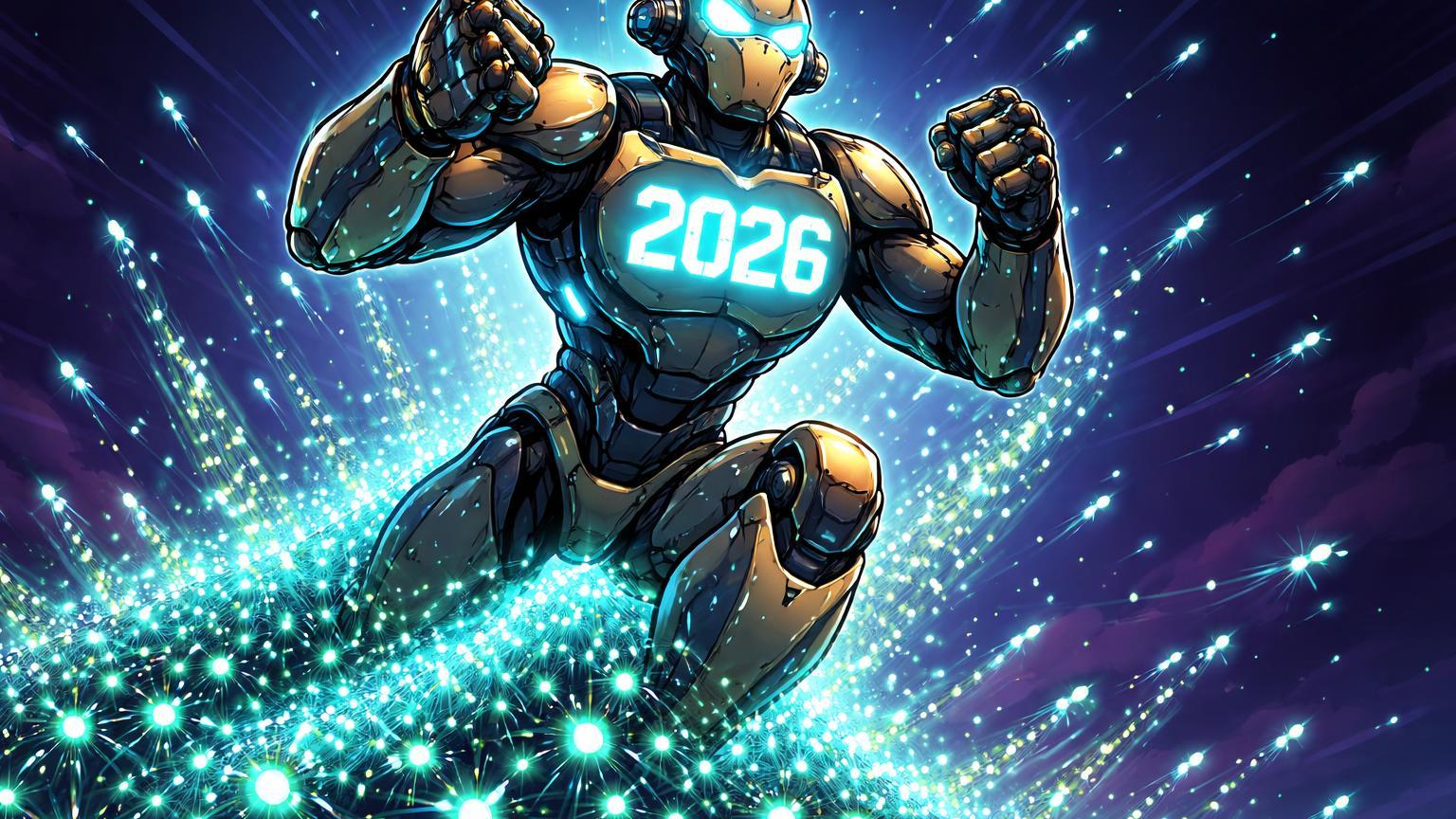 Robô Atlas cartoon em pose triunfante com enxame de microrrobôs cyan formando rede ascendente e '2026' gravado, simbolizando inovações e demanda esgotada em robótica