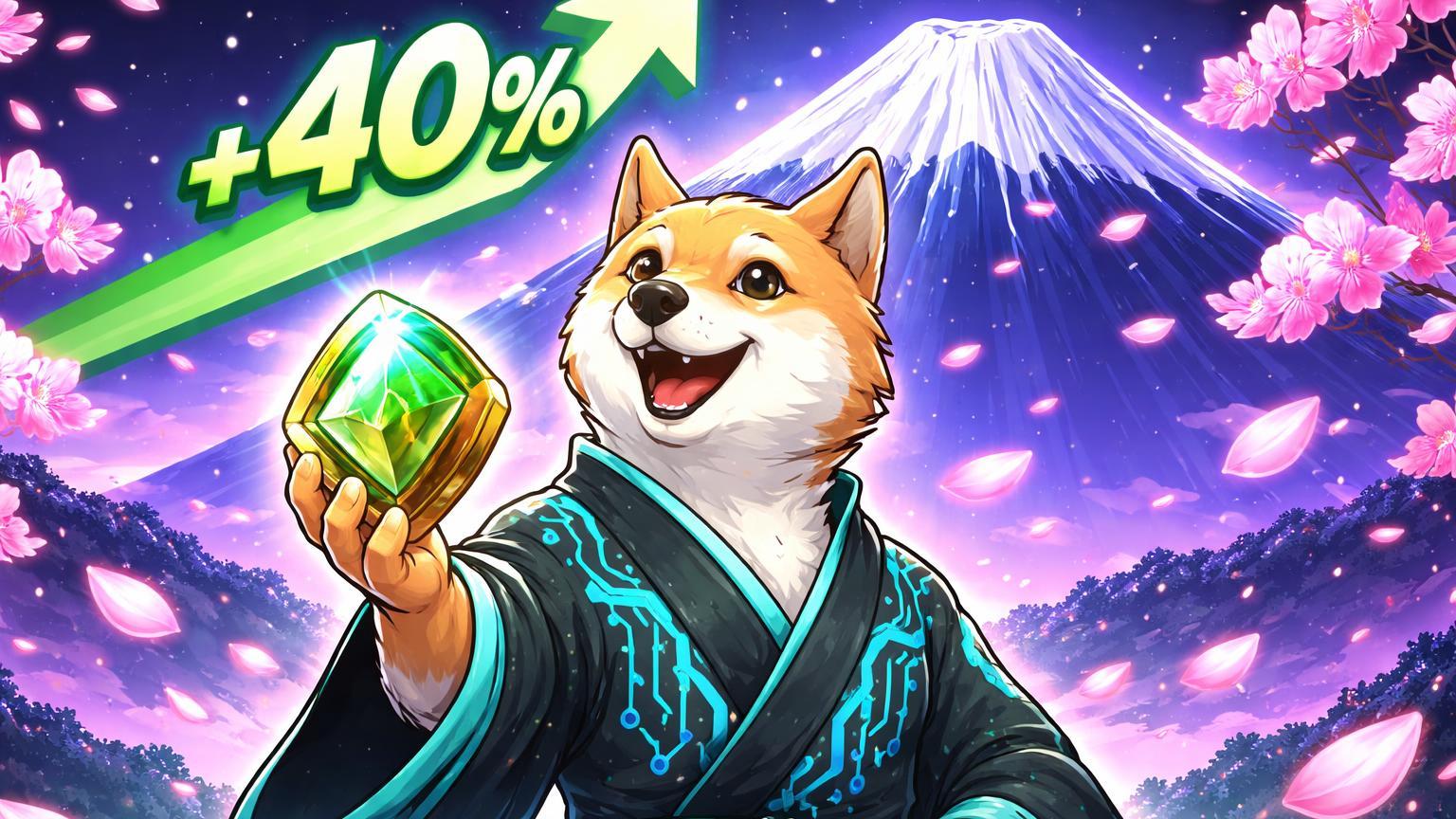 Doge cartoon com quimono tech segurando token RWA e seta +40% rumo ao Monte Fuji digital, simbolizando parceria no Japão e potencial alta