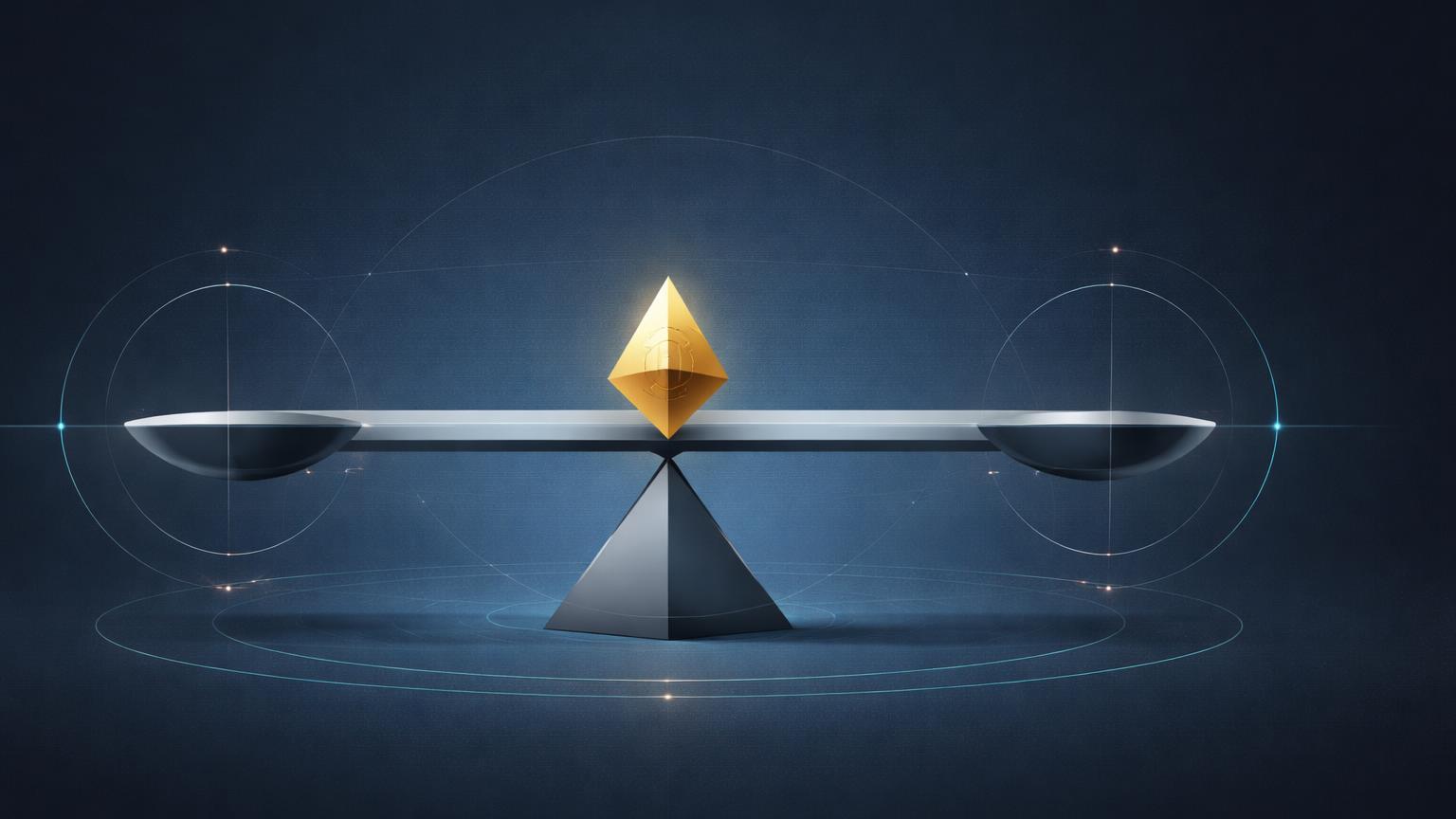 Balança geométrica abstrata em equilíbrio perfeito com prisma Bitcoin central, ilustrando fase lateral estável prevista para 2026
