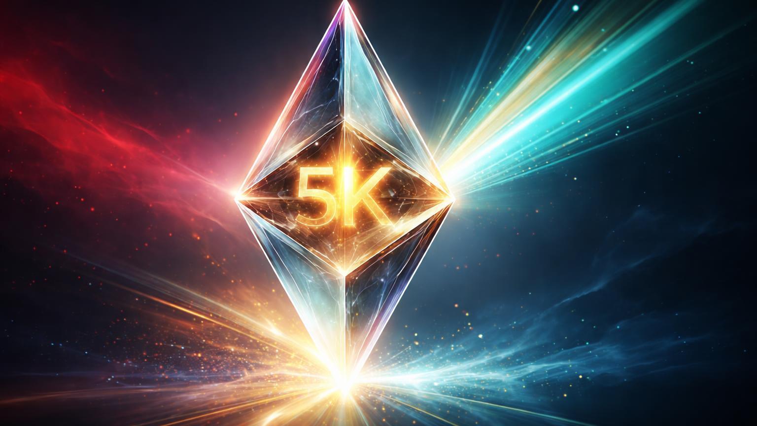 Prisma cristalino Ethereum refratando luz vermelha bearish em raios cyan dourados com '5K' refletido, sinalizando oportunidade para US$ 5.000