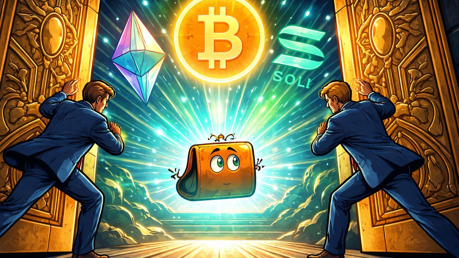 Executivos Wall Street cartoon abrindo portas para símbolos BTC, ETH e SOL com wallet emergindo, sinalizando adoção bullish por grandes bancos