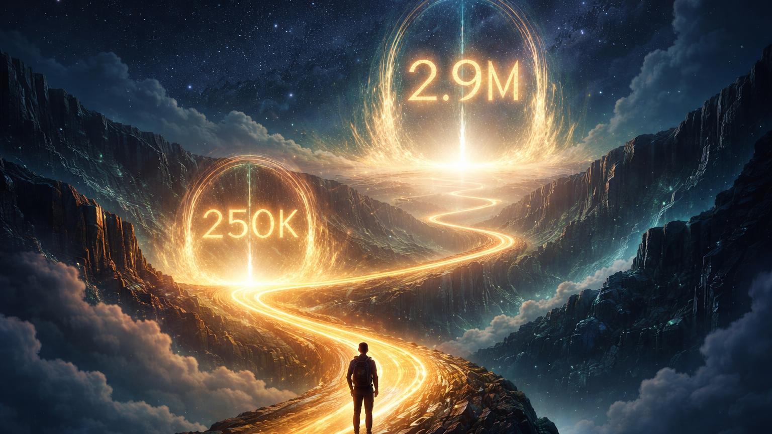 Caminho dourado cósmico com portais 250K e 2.9M no horizonte e silhueta HODLer, ilustrando previsões bullish de Bitcoin até 2050