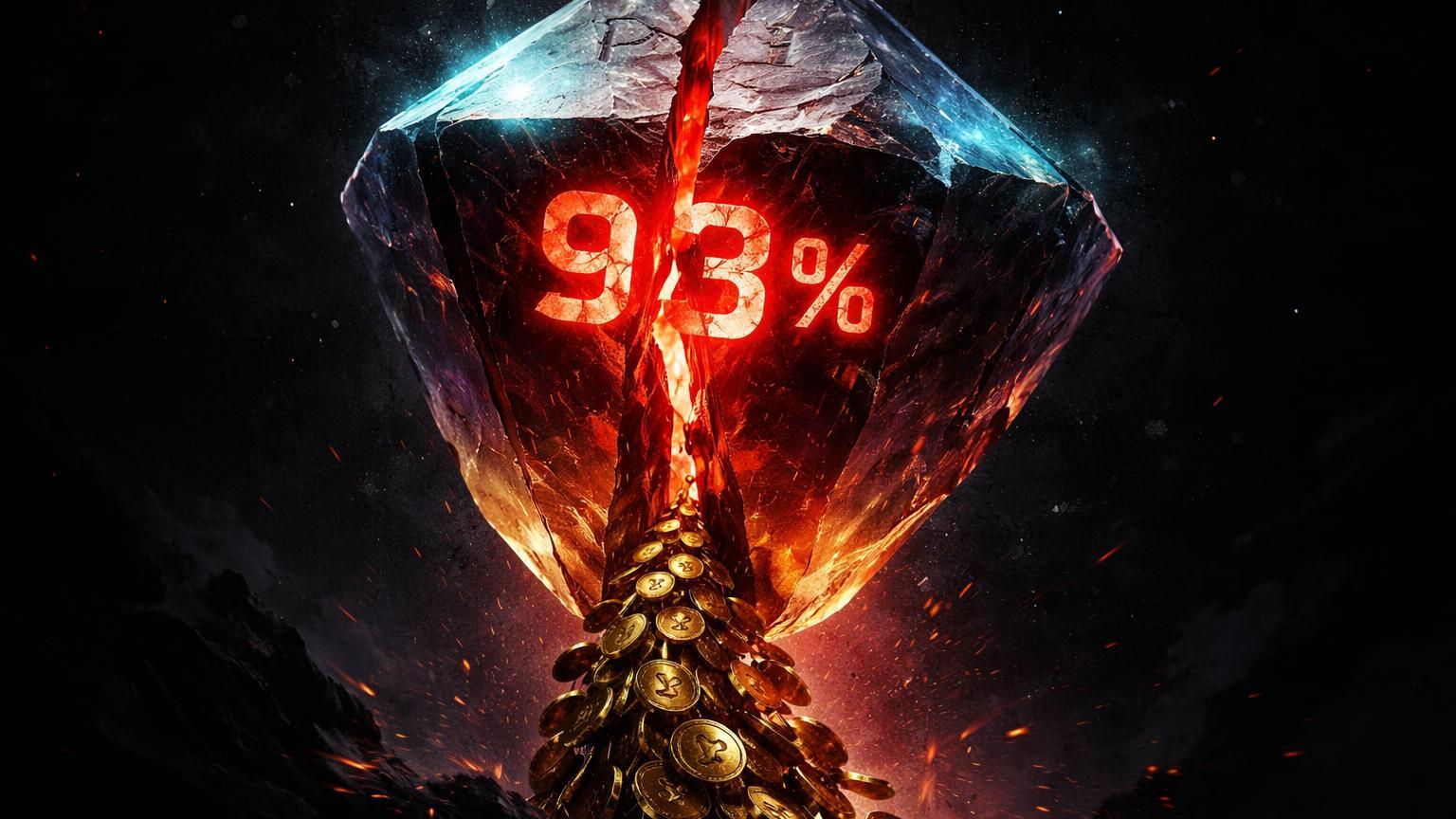 Cristal Pi Network rachado com 93% na fenda vazando tokens dourados, ilustrando queda de 93% por unlock de 130M tokens