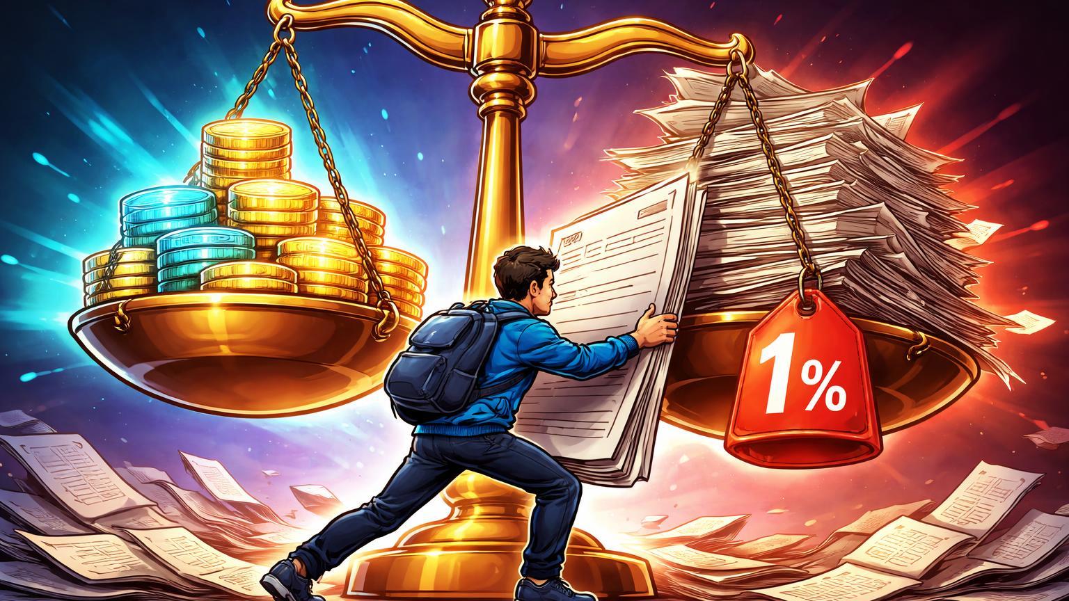 Trader cartoon equilibrando balança entre pilhas de cripto e papéis fiscais com multa 1%, simbolizando relatórios obrigatórios da DIAN na Colômbia