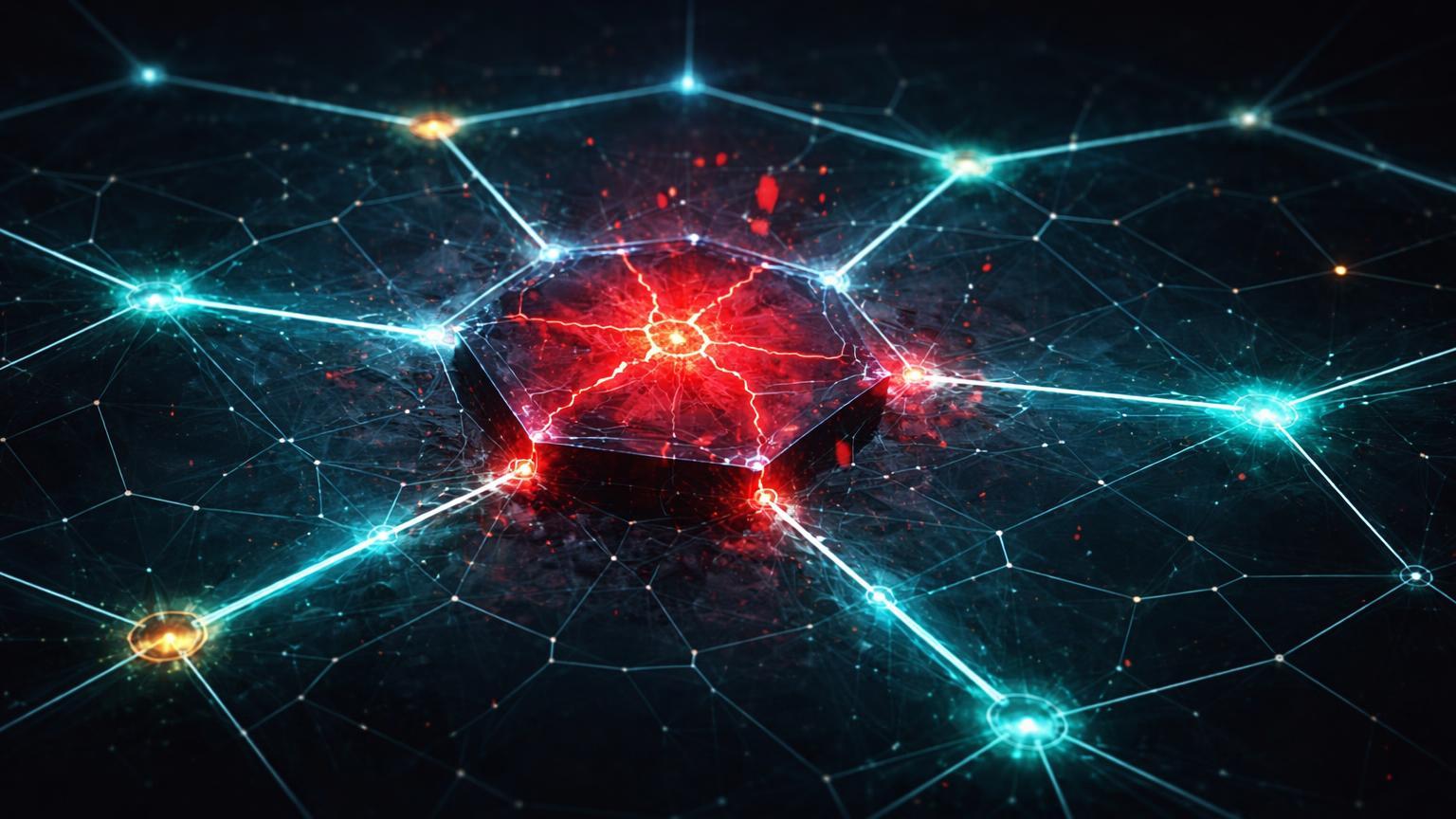 Rede hexagonal cyan com nó central rachando em vermelho pulsante, representando vulnerabilidade em Babylon staking de Bitcoin