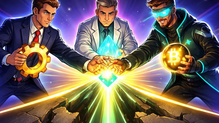 Executivos cartoon estilizados unindo engrenagens e prismas em ponte luminosa sobre sombras, simbolizando união de Nasdaq, CME e BNY no avanço cripto institucional