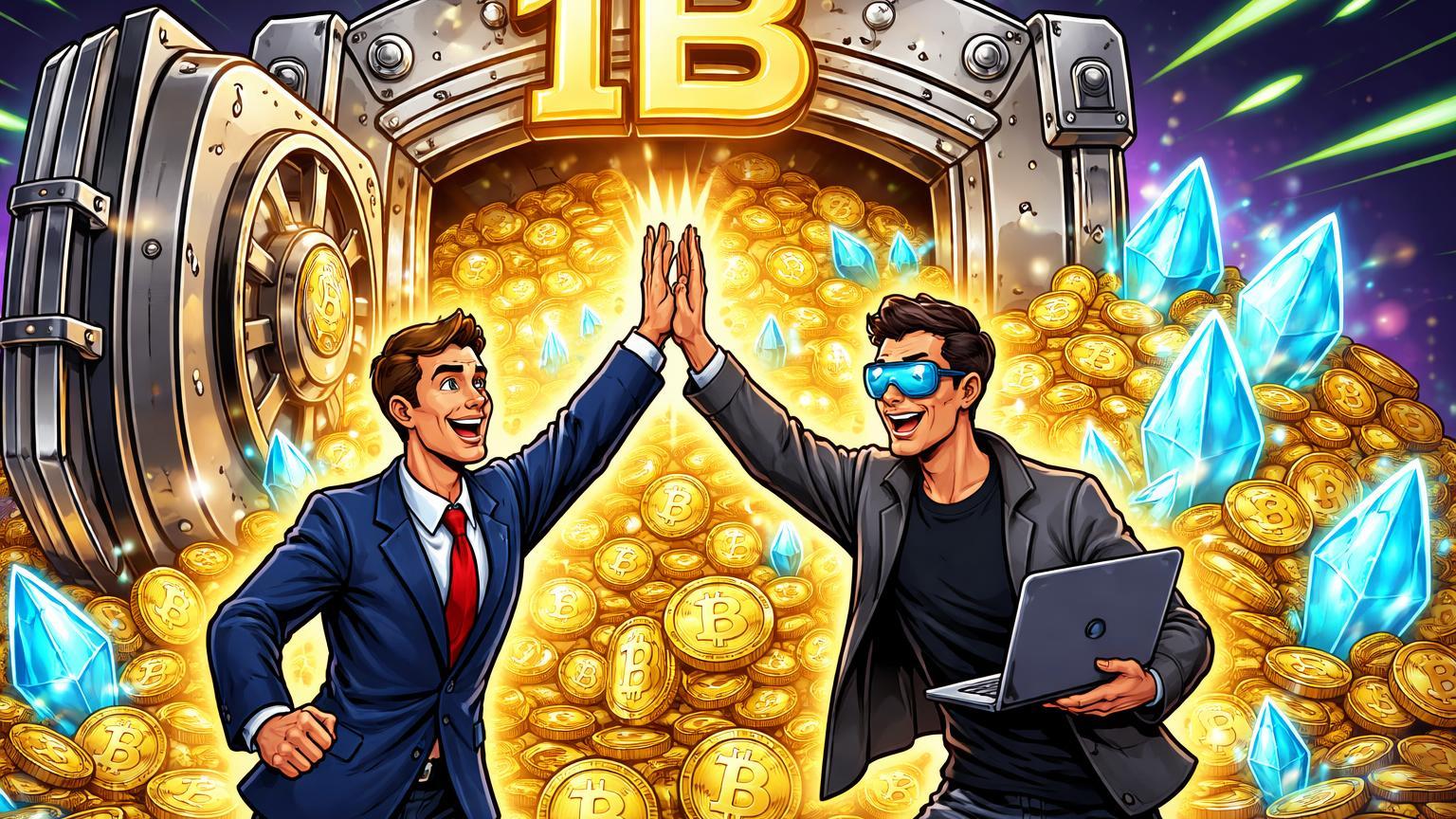 Executivos cartoon celebrando cofre corporativo transbordando moedas BTC douradas e ETH cyan com '1B', sinalizando acumulação bullish da BlackRock