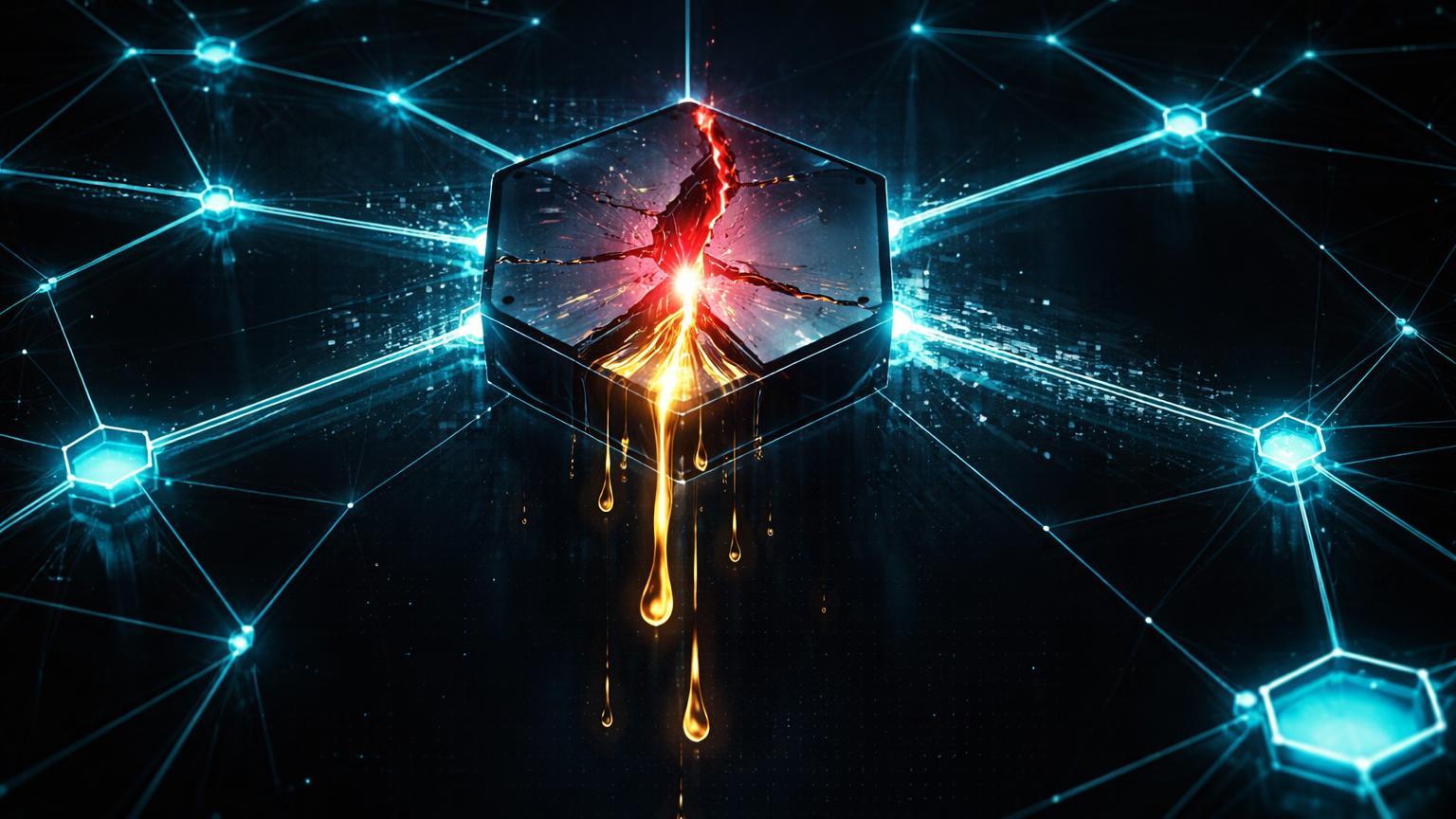 Rede hexagonal DeFi com nó central rachado vazando fluido dourado, simbolizando hack no Truebit e colapso total do token TRU