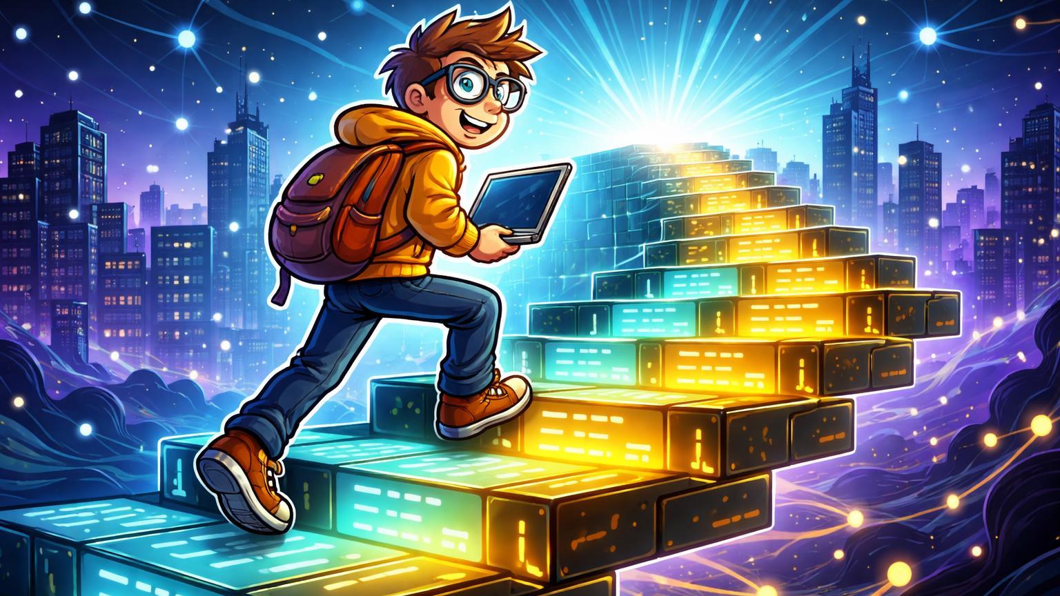 Personagem cartoon iniciante subindo escada de blocos de código luminosos, simbolizando guia completo para primeiros passos em programação em 2024