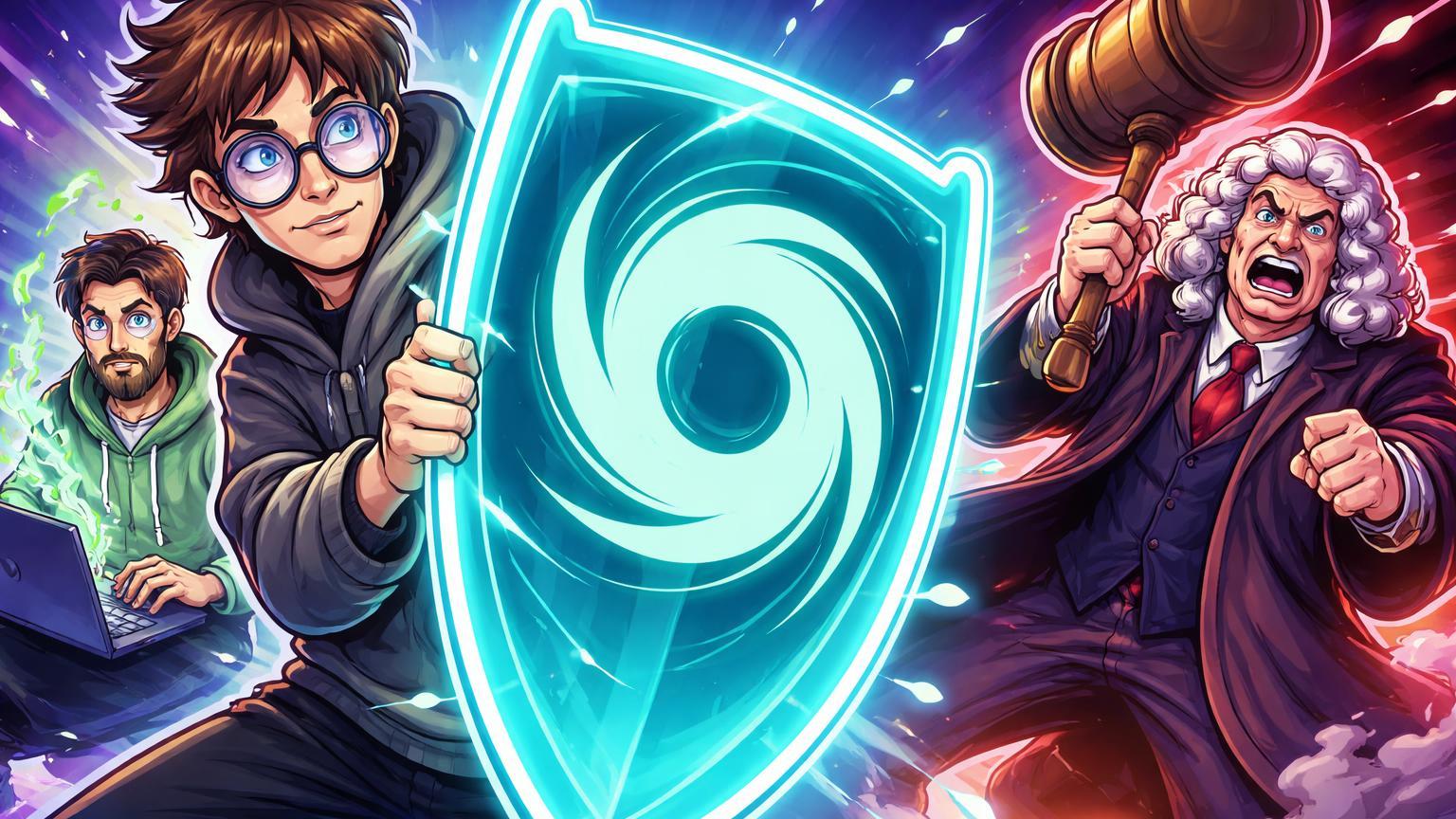 Vitalik Buterin cartoon erguendo escudo de privacidade para proteger dev do Tornado Cash contra juiz regulatório, defendendo direitos no Ethereum